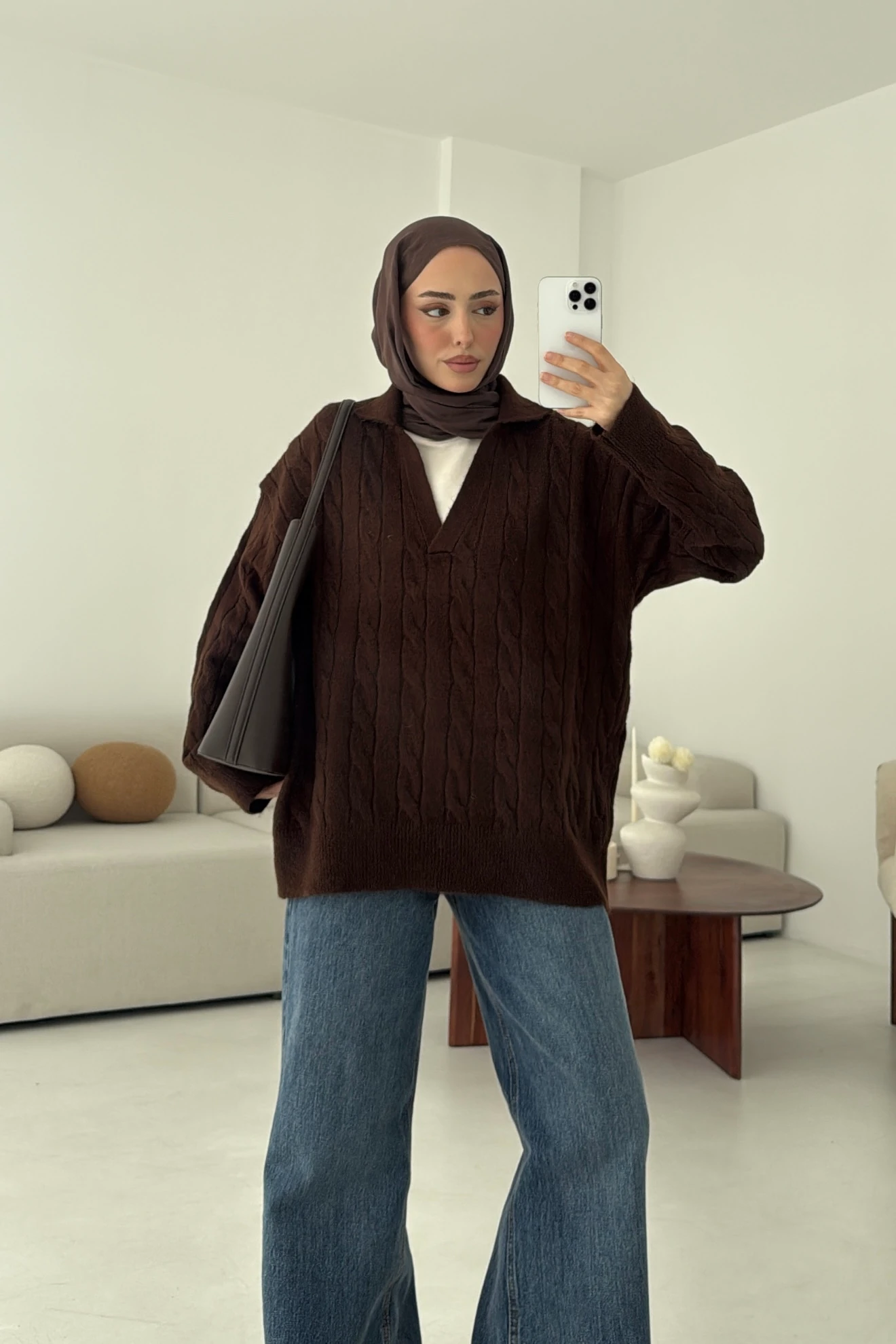 Polo Yaka Örgü Kazak Kahve