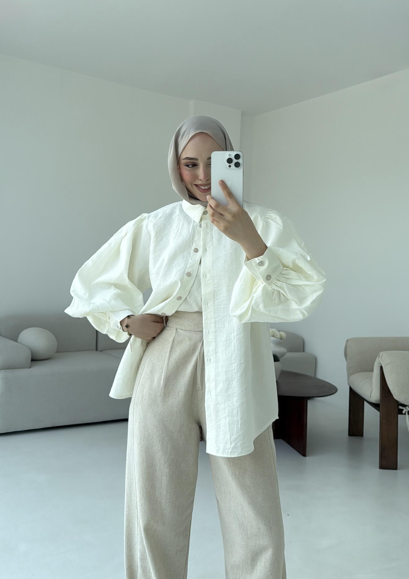 Cotton Balon Kol Gömlek Krem