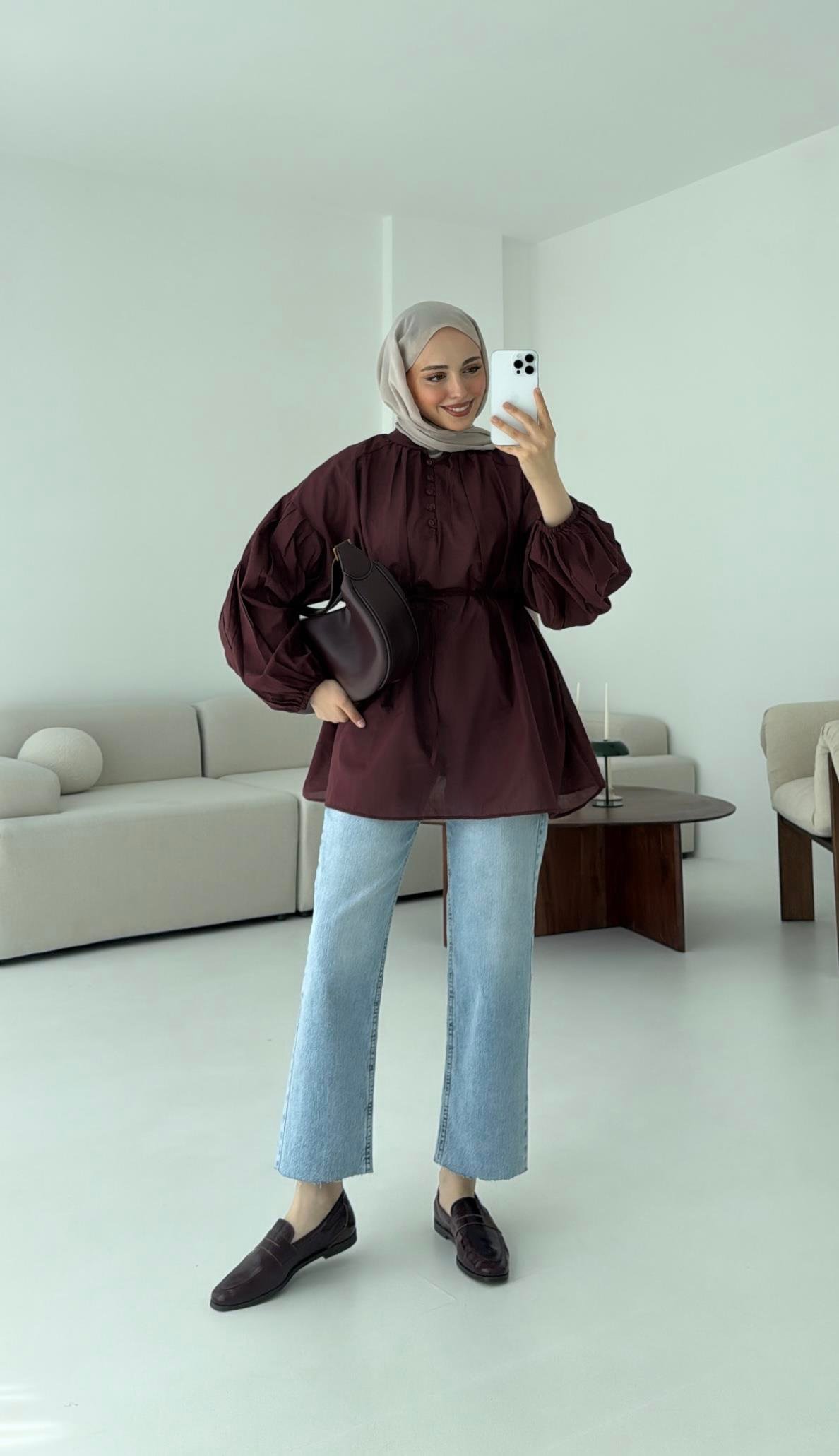 Yarım Dügmeli Vual Gömlek Bordo