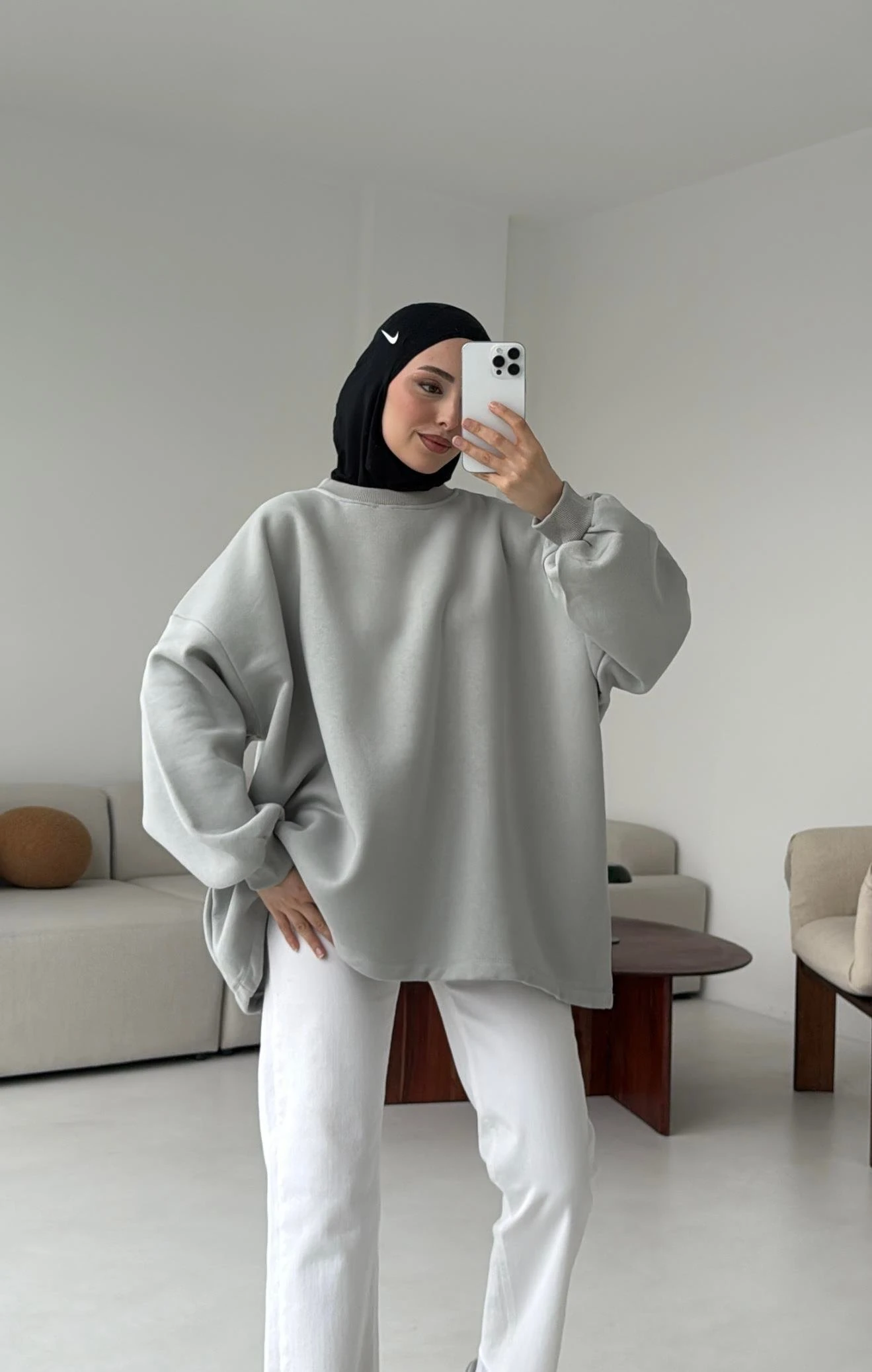 Oversize Şardonlu Sweatshirt Gri