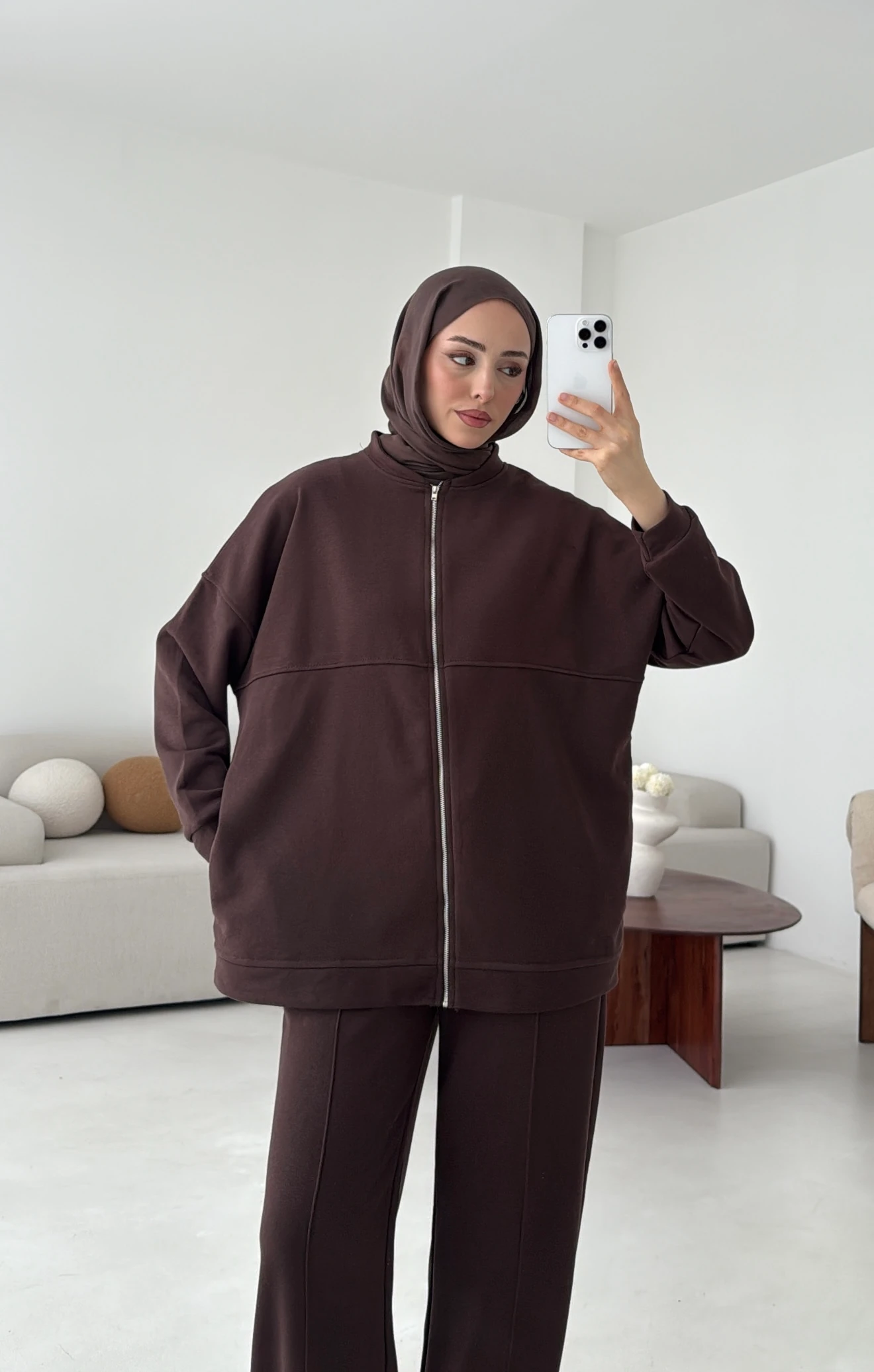 Fermuarlı 3 İplik Takım Kahve