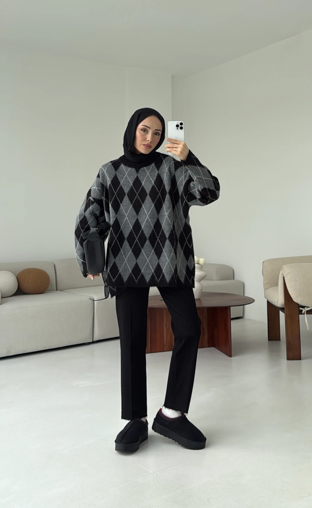 Premium Desenli Kalın Kazak Gri/Siyah