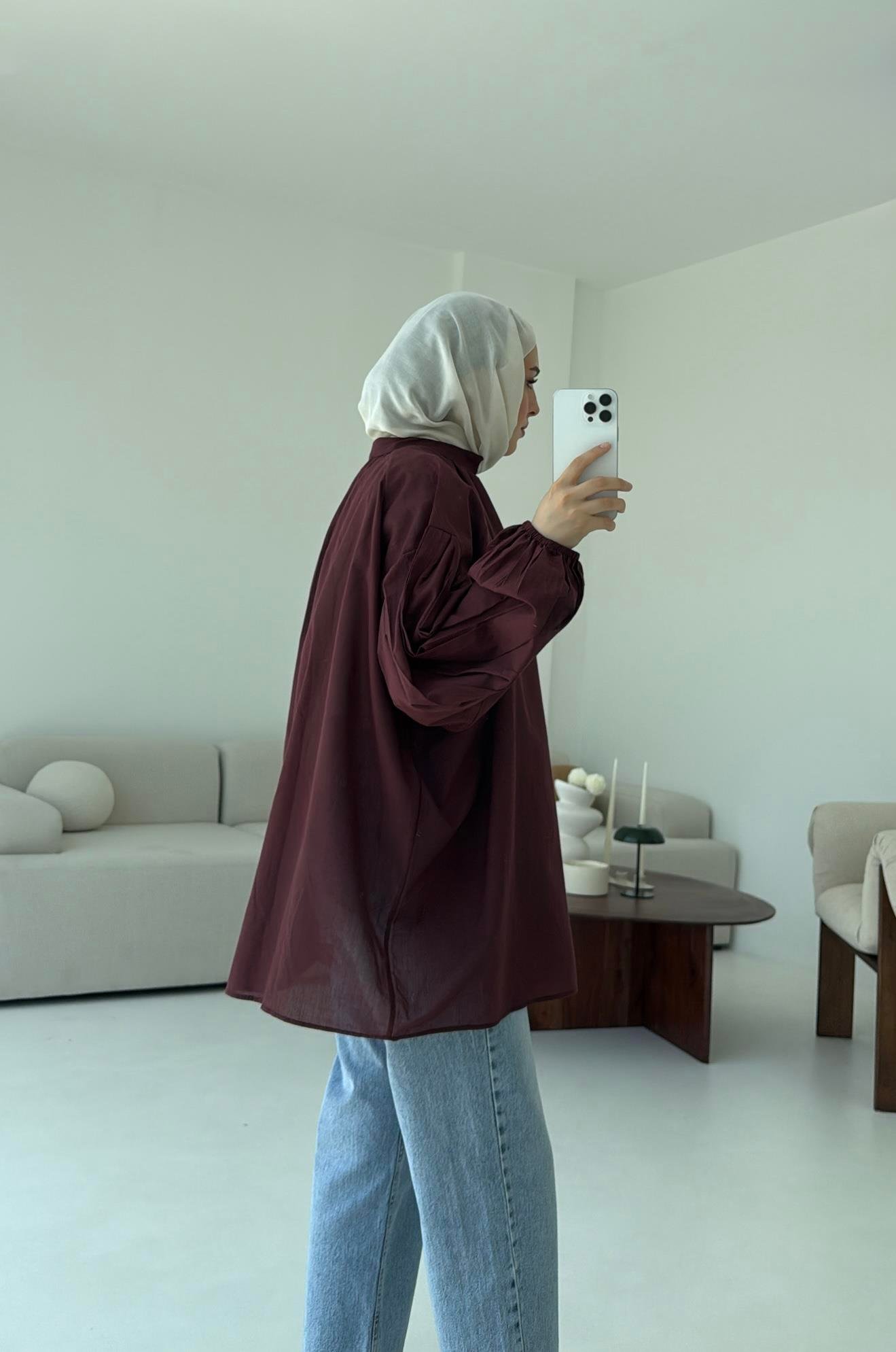 Yarım Dügmeli Vual Gömlek Bordo