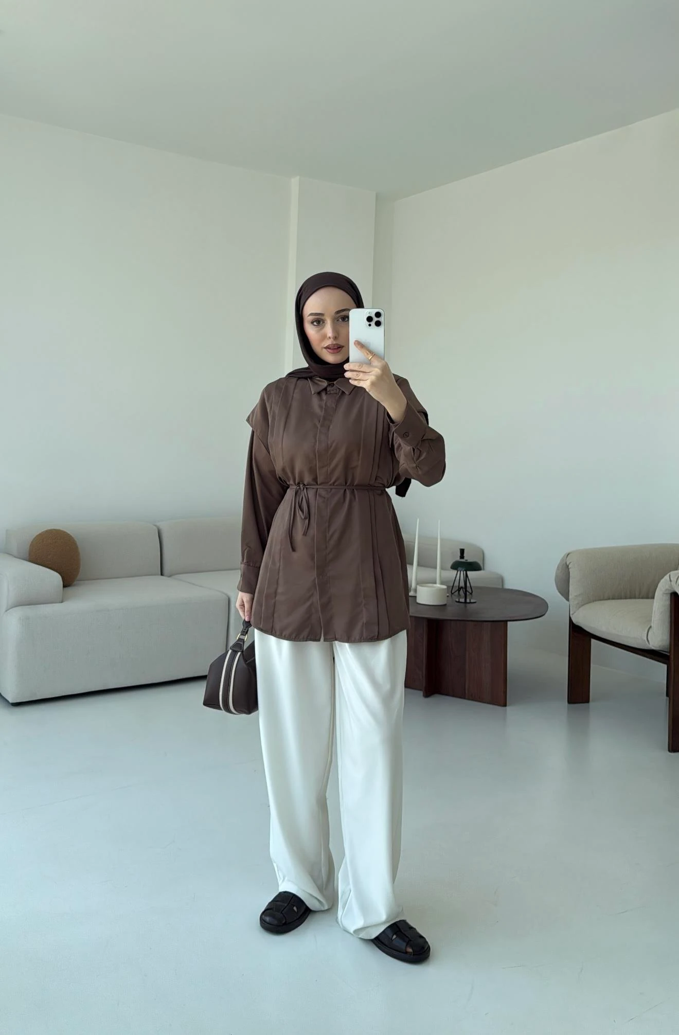 Çift Pileli Saten Bağlamalı Gömlek Kahve