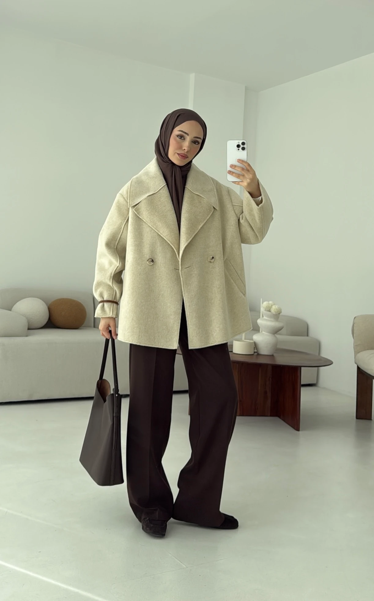 Yumuşak Şal Yaka Kaban Bej