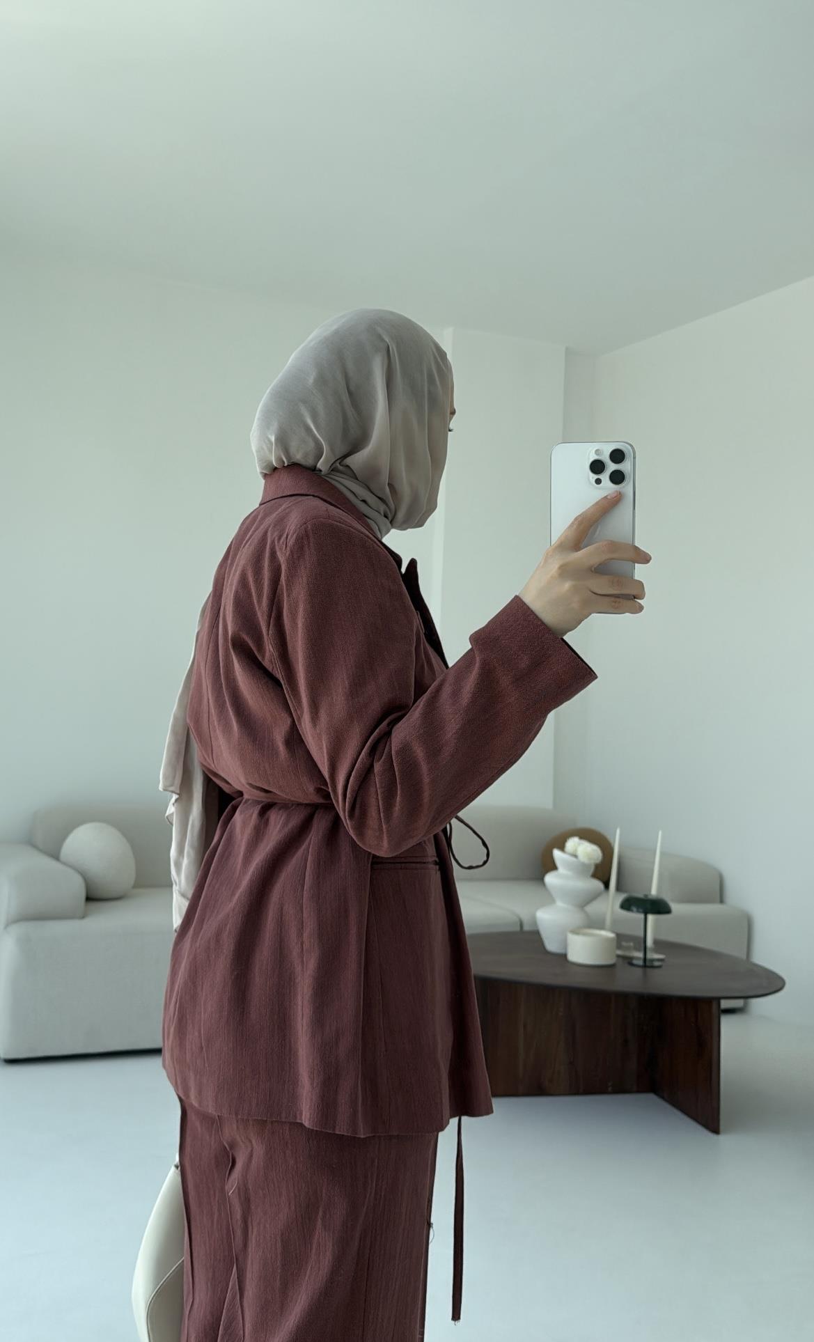 Bağlamalı Keten Ceketli Takım Kiremit
