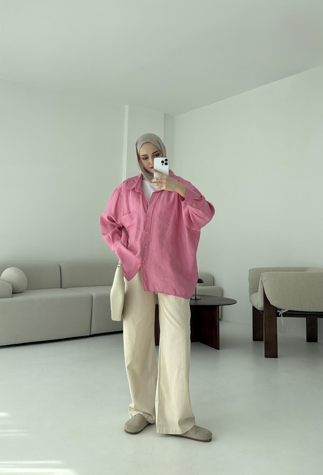 Düşük Omuz Oversize Gömlek Pembe