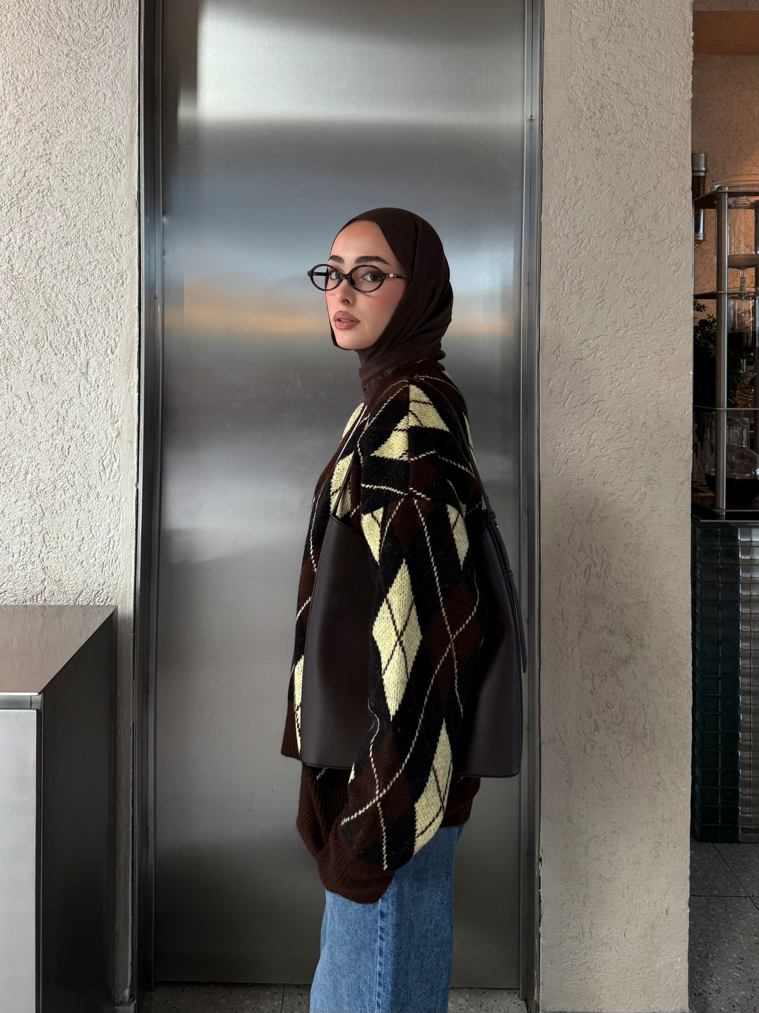 Baklava Jakarlı Hırka Kahve/Sarı