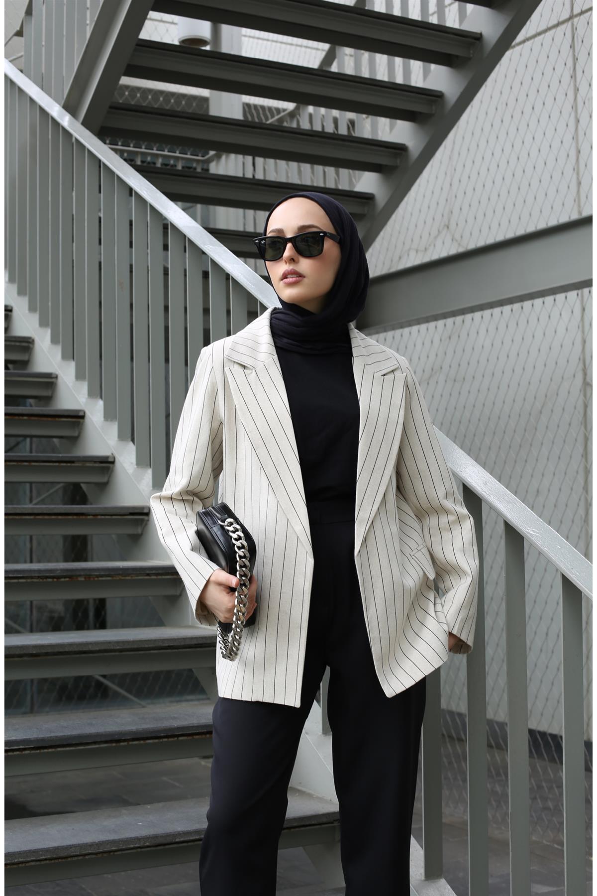 Çizgili Keten Blazer Ceket