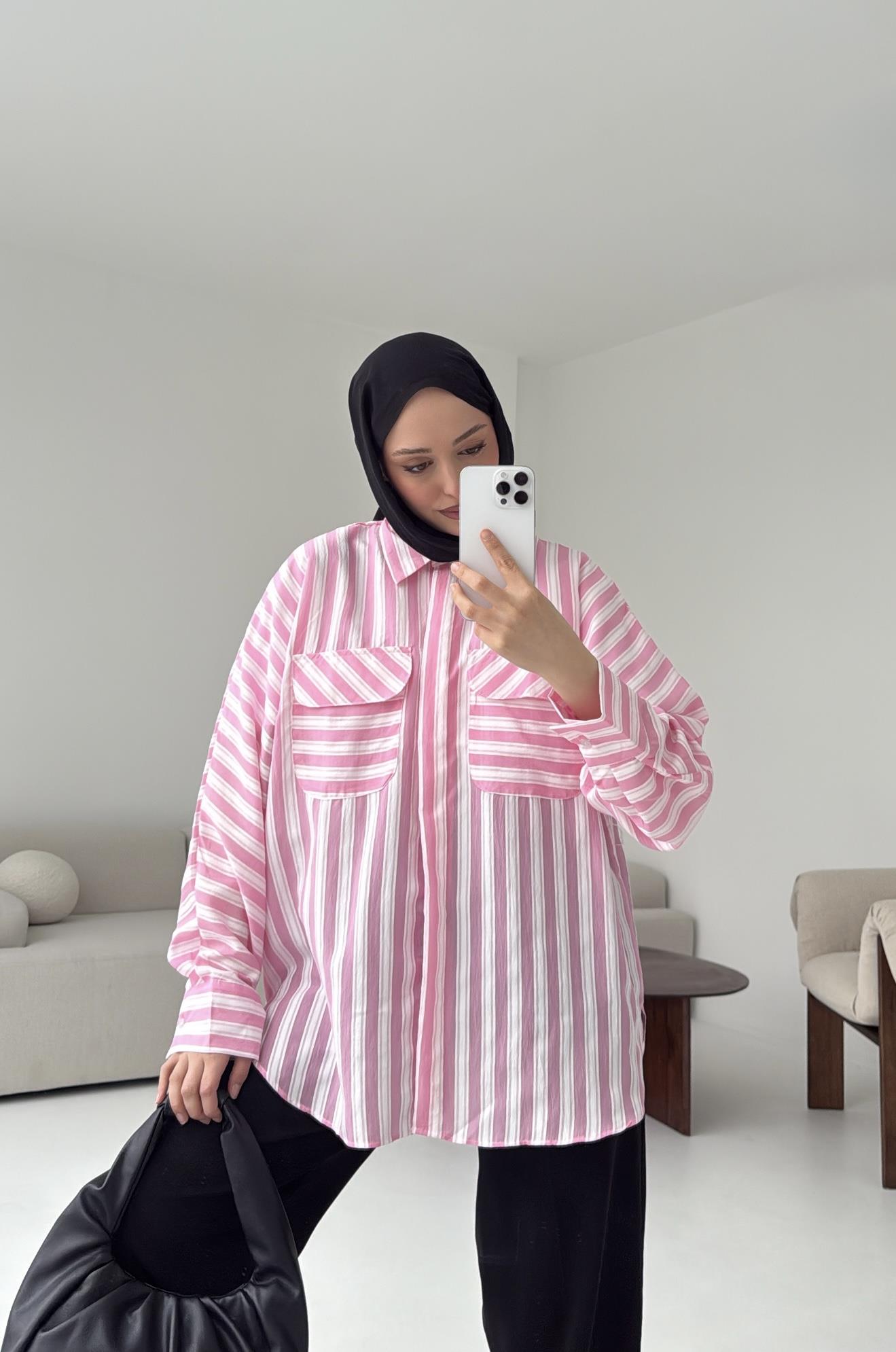 Kalın Çizgili Pembe Gömlek