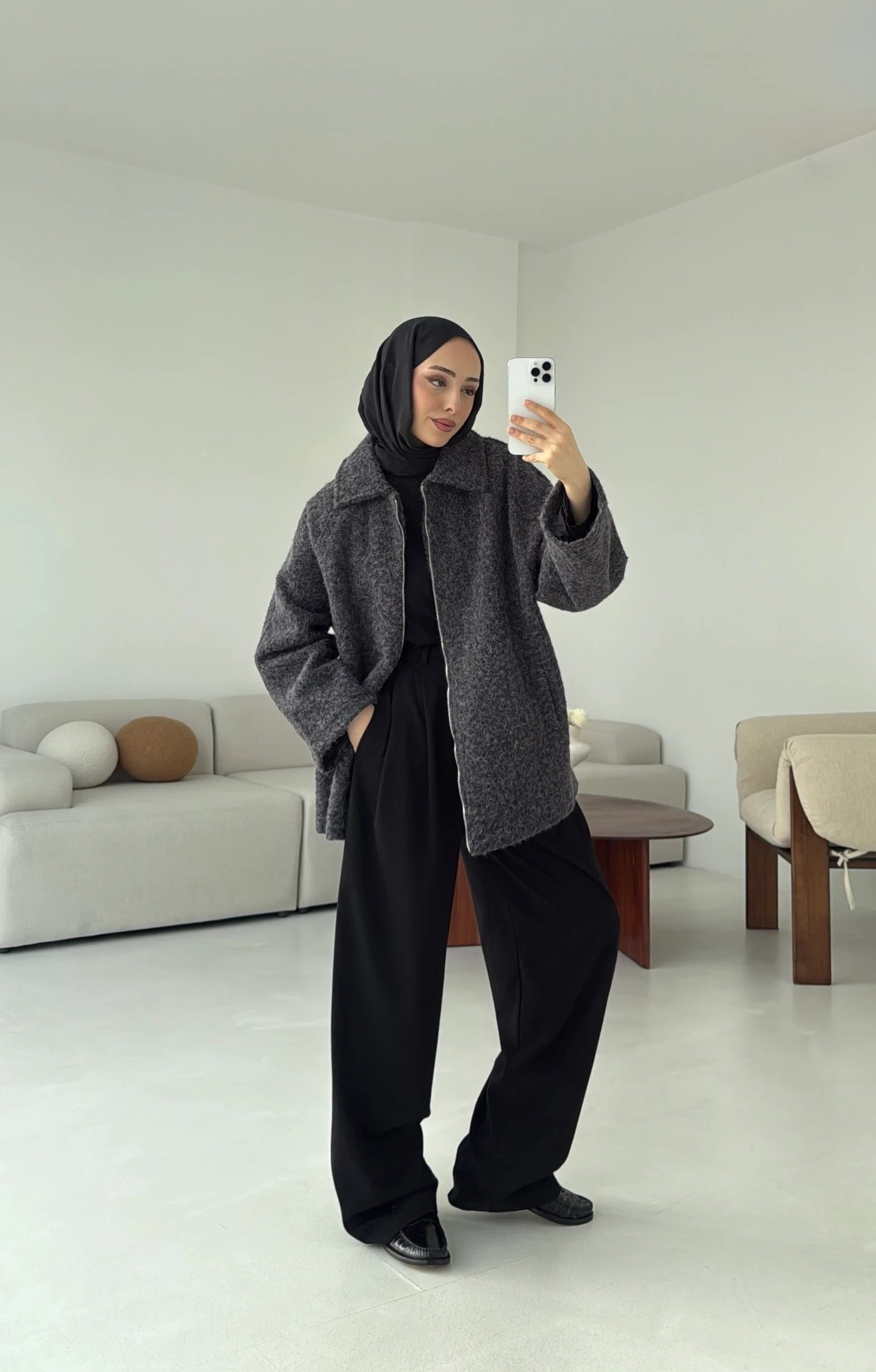 Kırçıllı Fermuarlı Kaban Antrasit