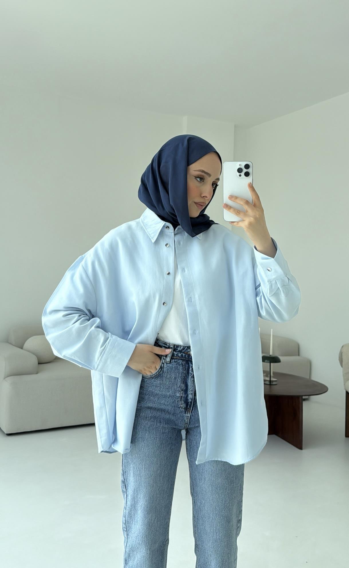 Basic Oversize  Keten Gömlek Mavi