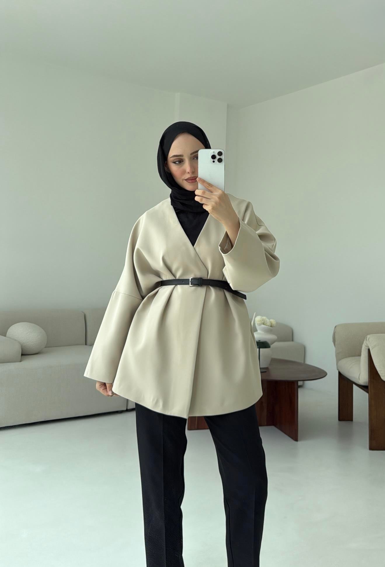 Deri Kemer Detay Oversize Ceket Taş