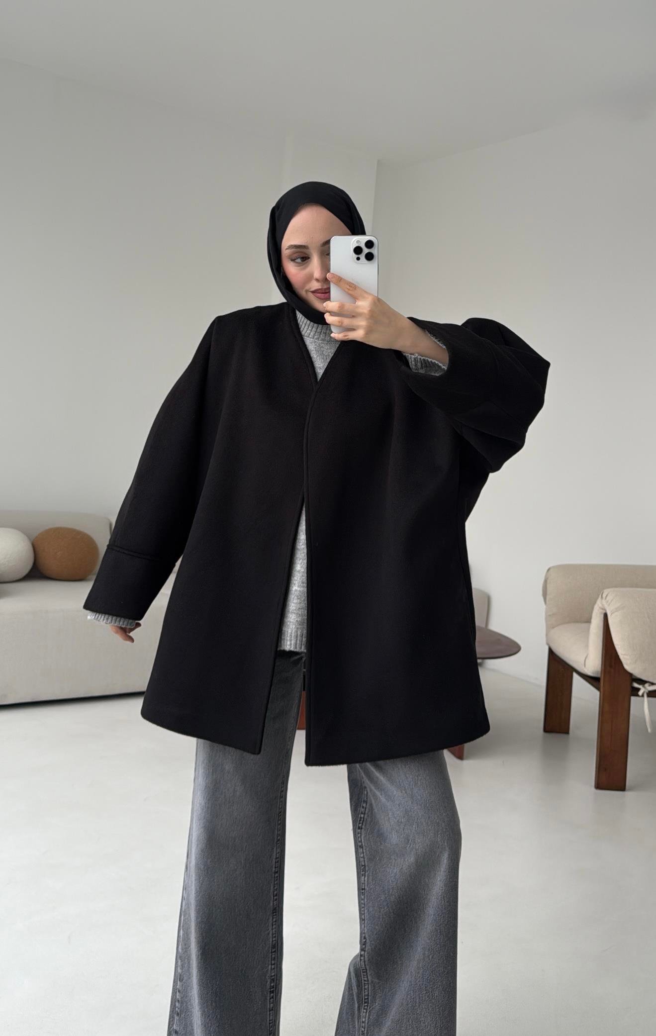 Premium Kuşaklı Kaşe Kaban Siyah