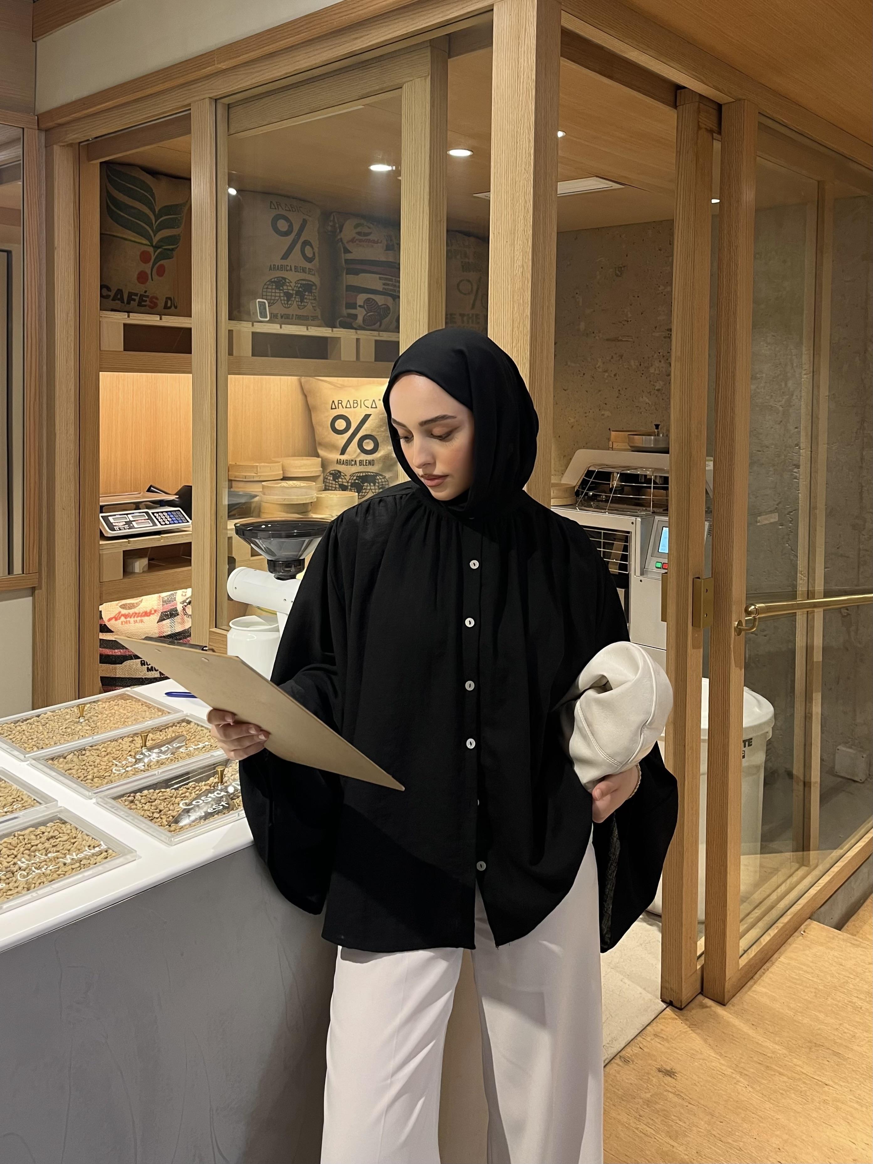 Geniş Kol Tasarım Keten Gömlek Siyah