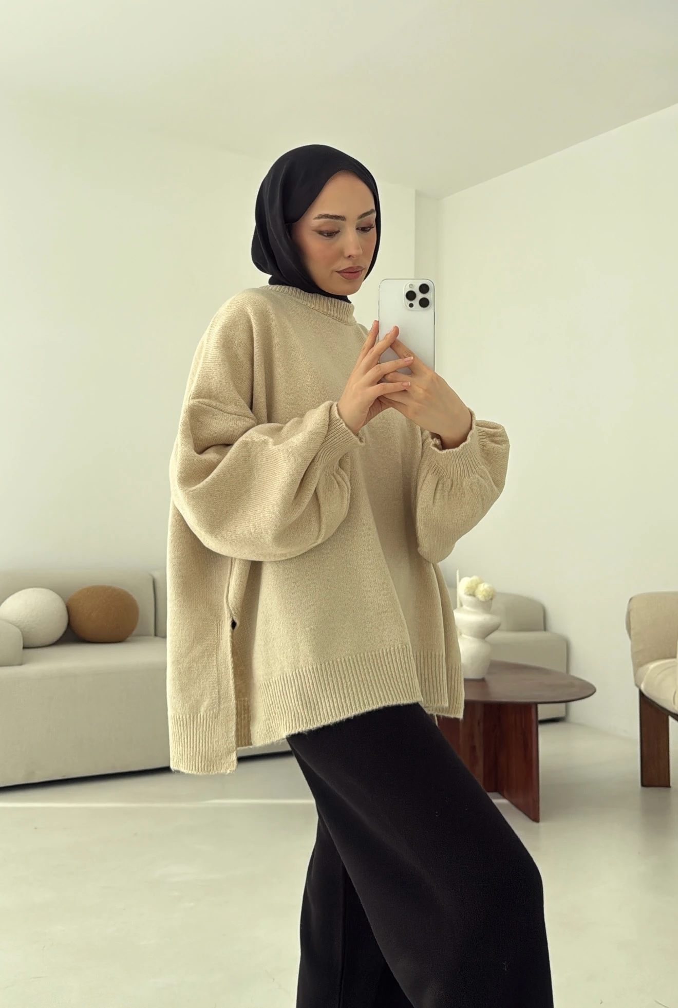 Yırtmaç Detay Balon Kol Kazak Bej