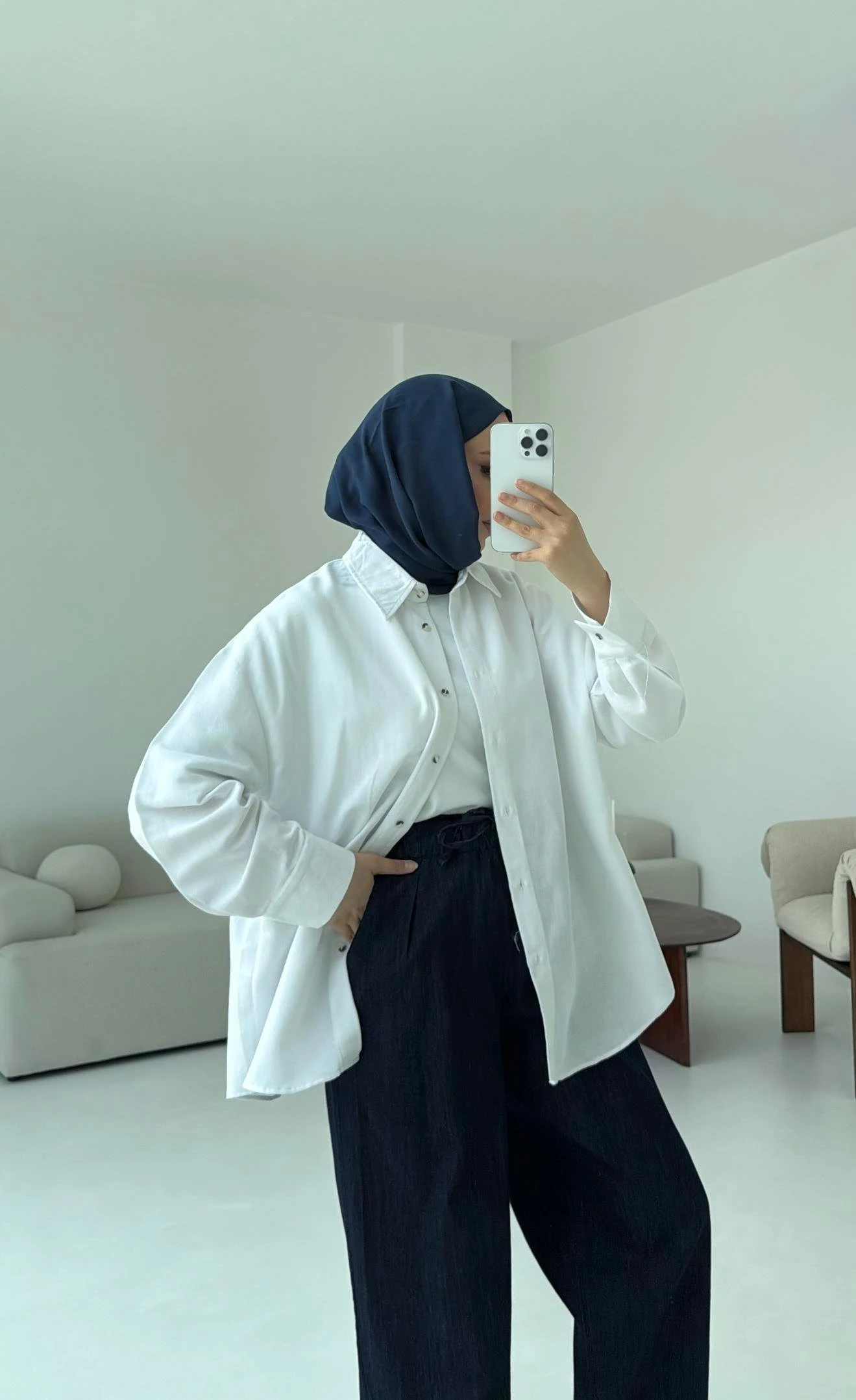 Basic Oversize  Keten Gömlek Beyaz