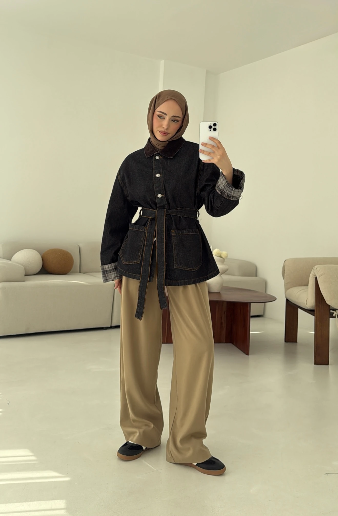 Astarı Ekose Detay Denim Ceket 