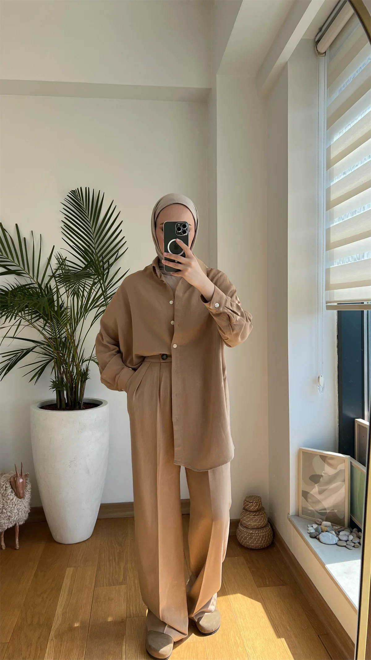 Linen Keten Takım Camel