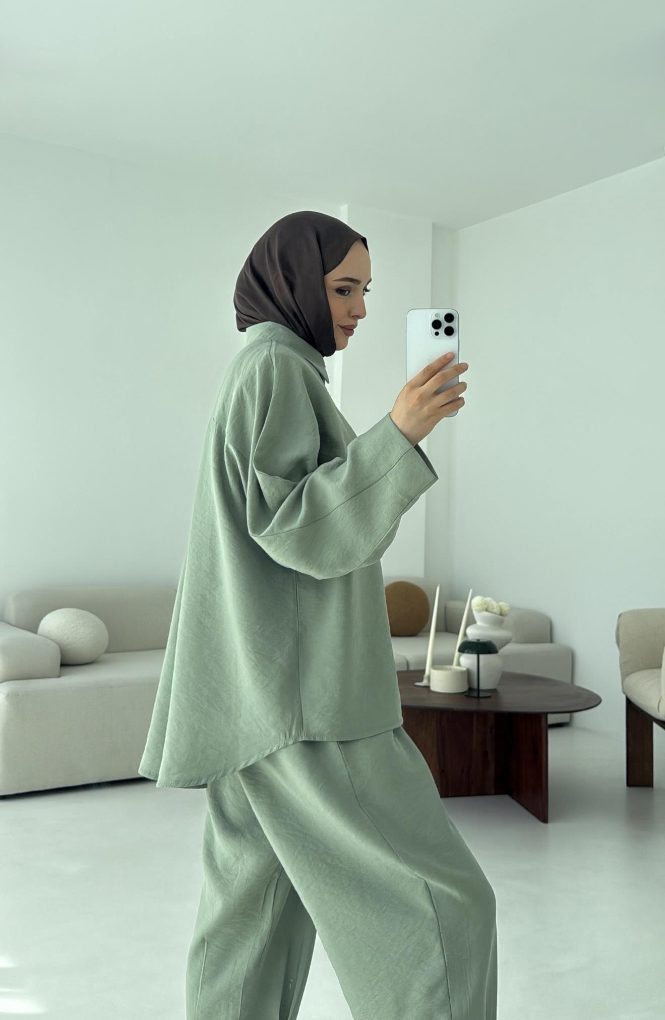 Pens Detay Tencel Takım Mint Yeşili