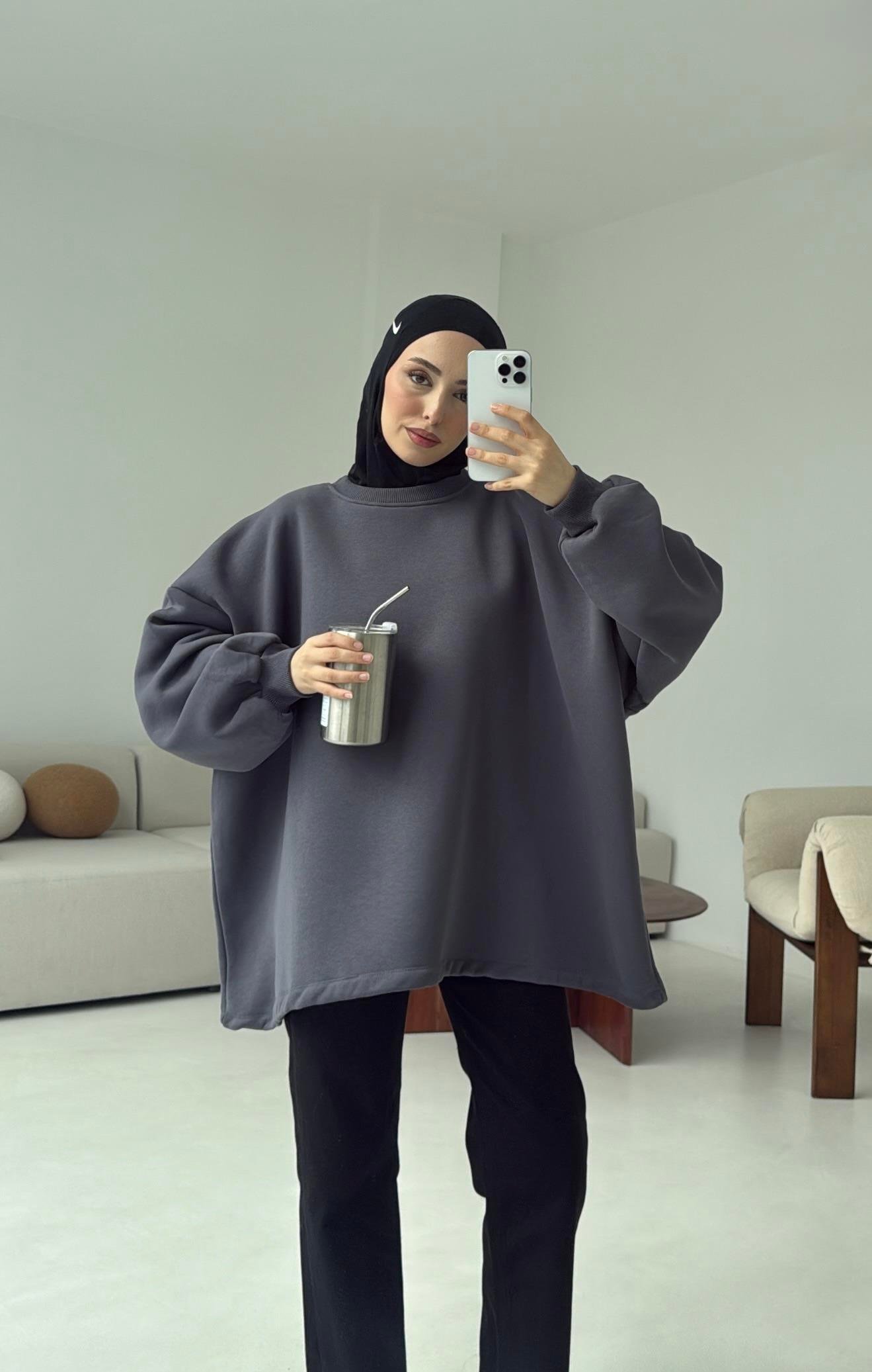 Oversize Şardonlu Sweatshirt Antrasit