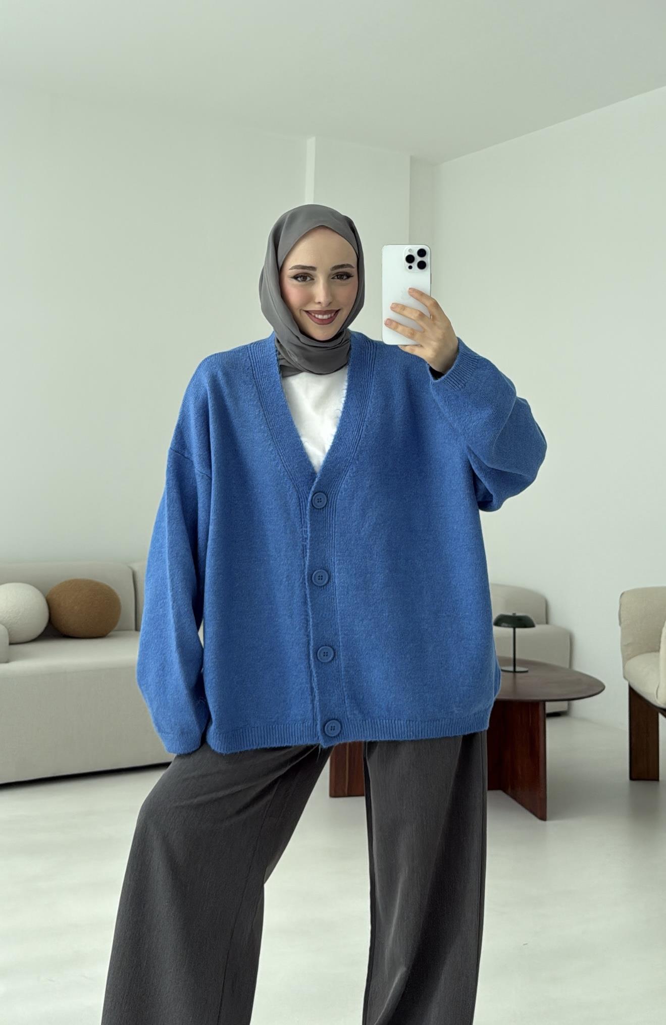 Oversize Yünlü Kazak Mavi
