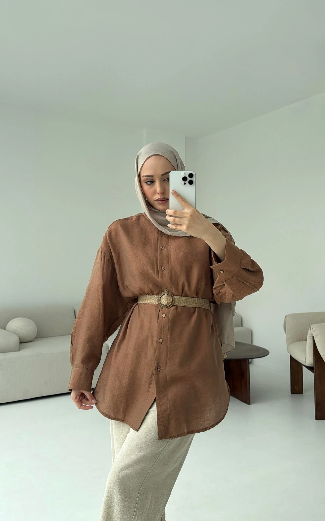 Hasır Kemerli Gömlek Kahve