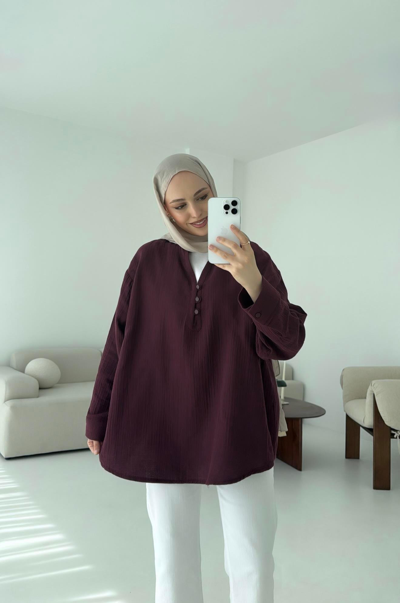 Müslin Düğmeli Gömlek Bordo