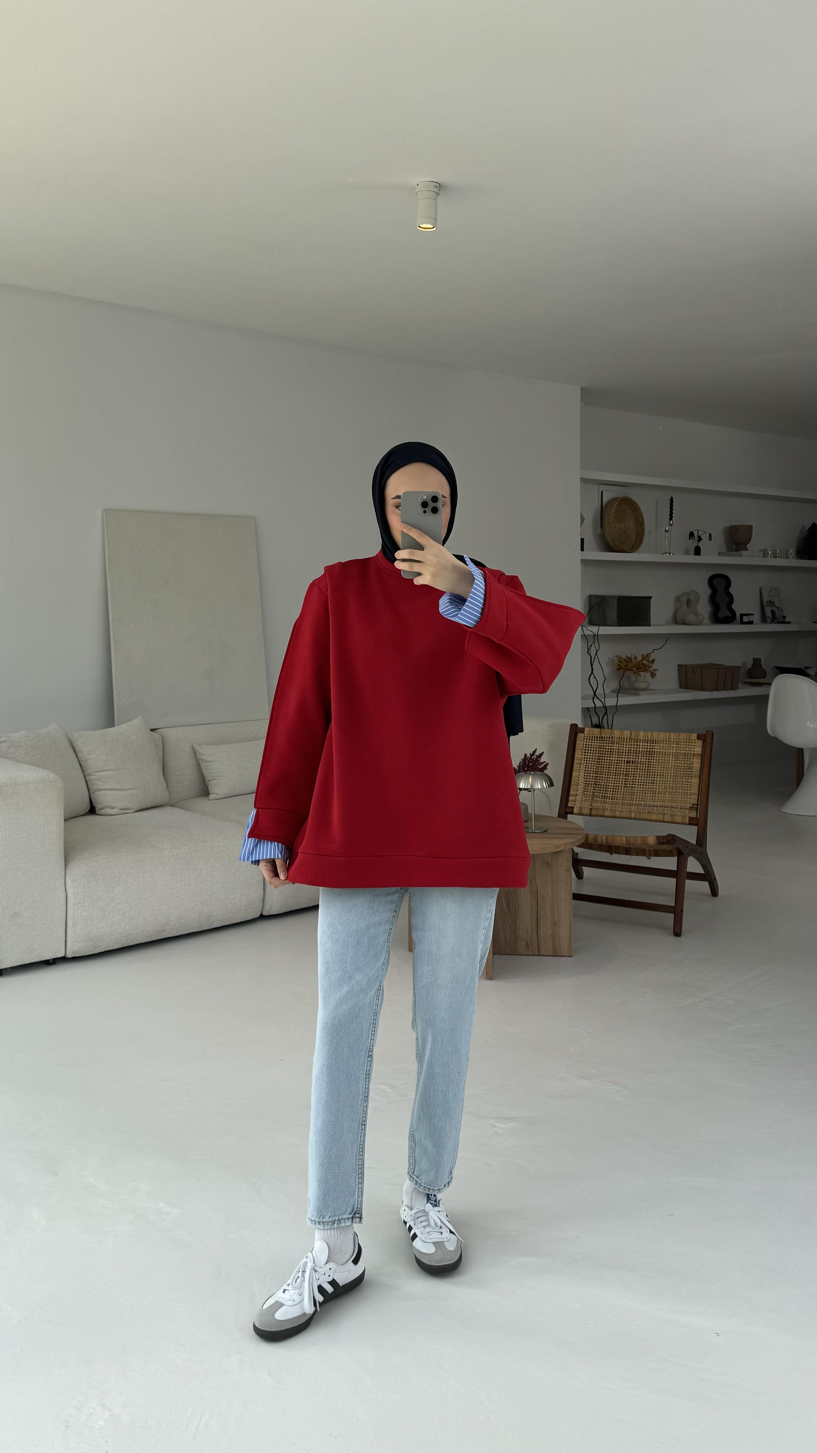 Gömlek Detaylı Sweatshirt Kırmızı