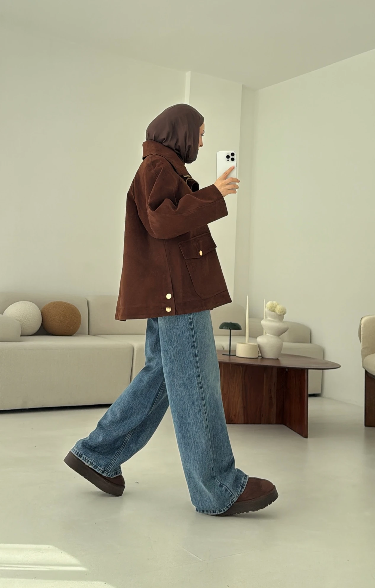 Oversize Dolgulu Süet Ceket Kahve