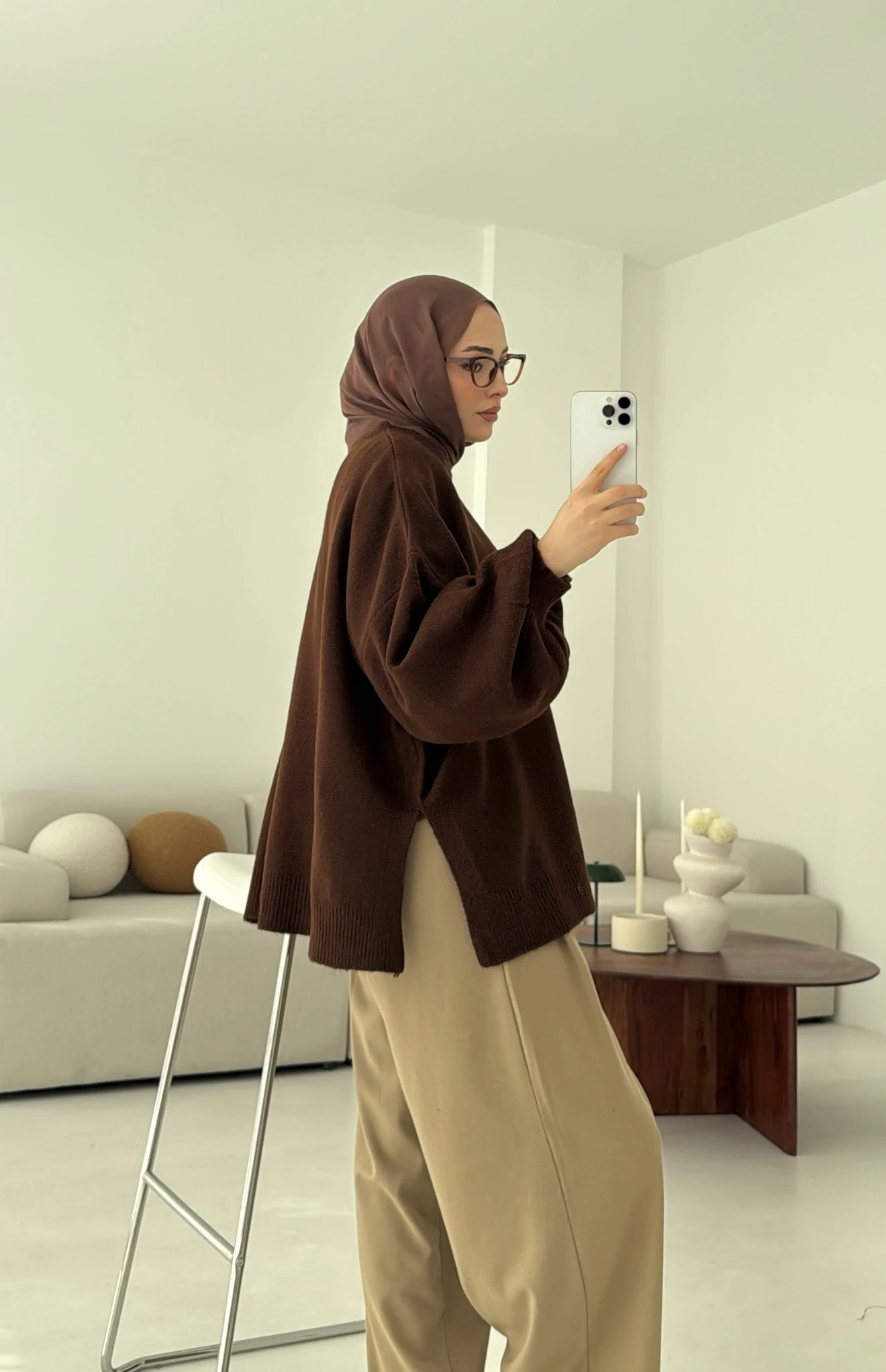 Yırtmaç Detay Balon Kol Kazak Kahve