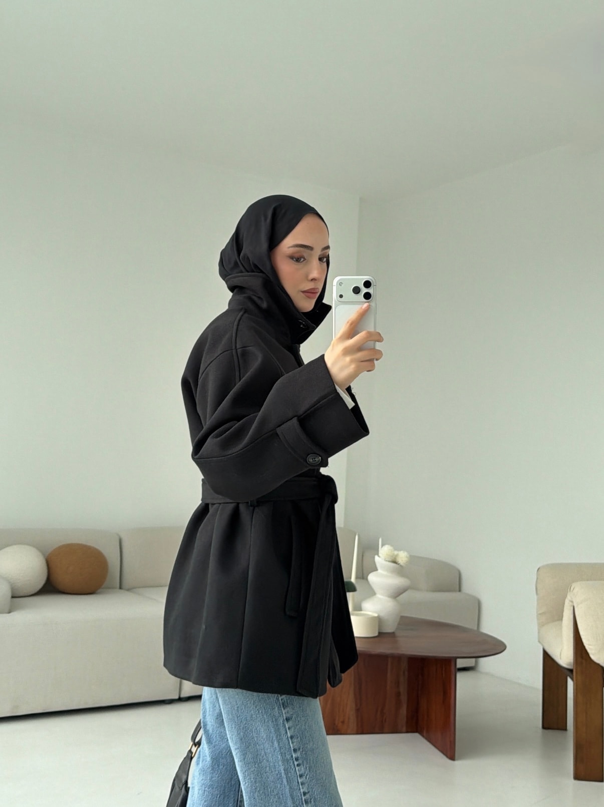 Kol Apoletli Kaşe Kaban Siyah