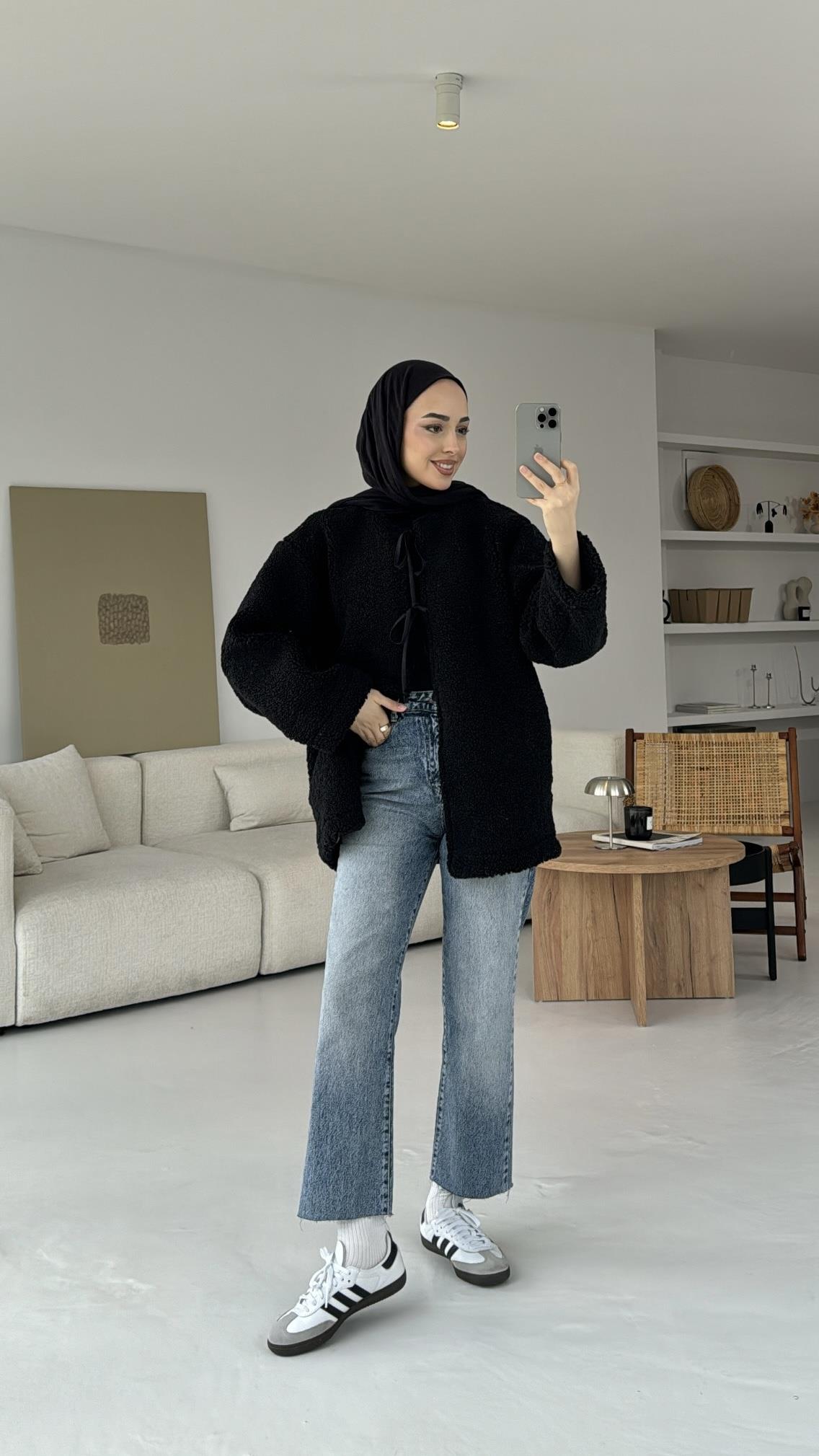 Teddy Bağlamalı Ceket Siyah