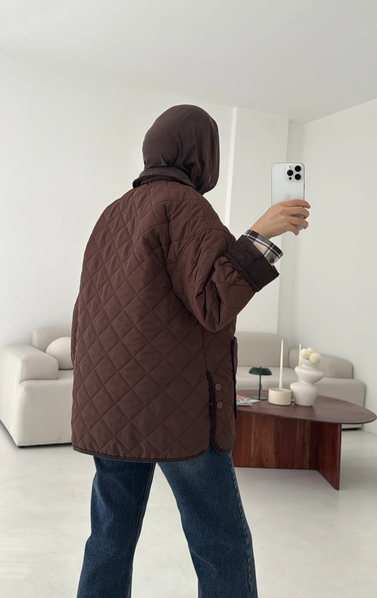 Kapitone Kadife Geçişli Ceket Kahve