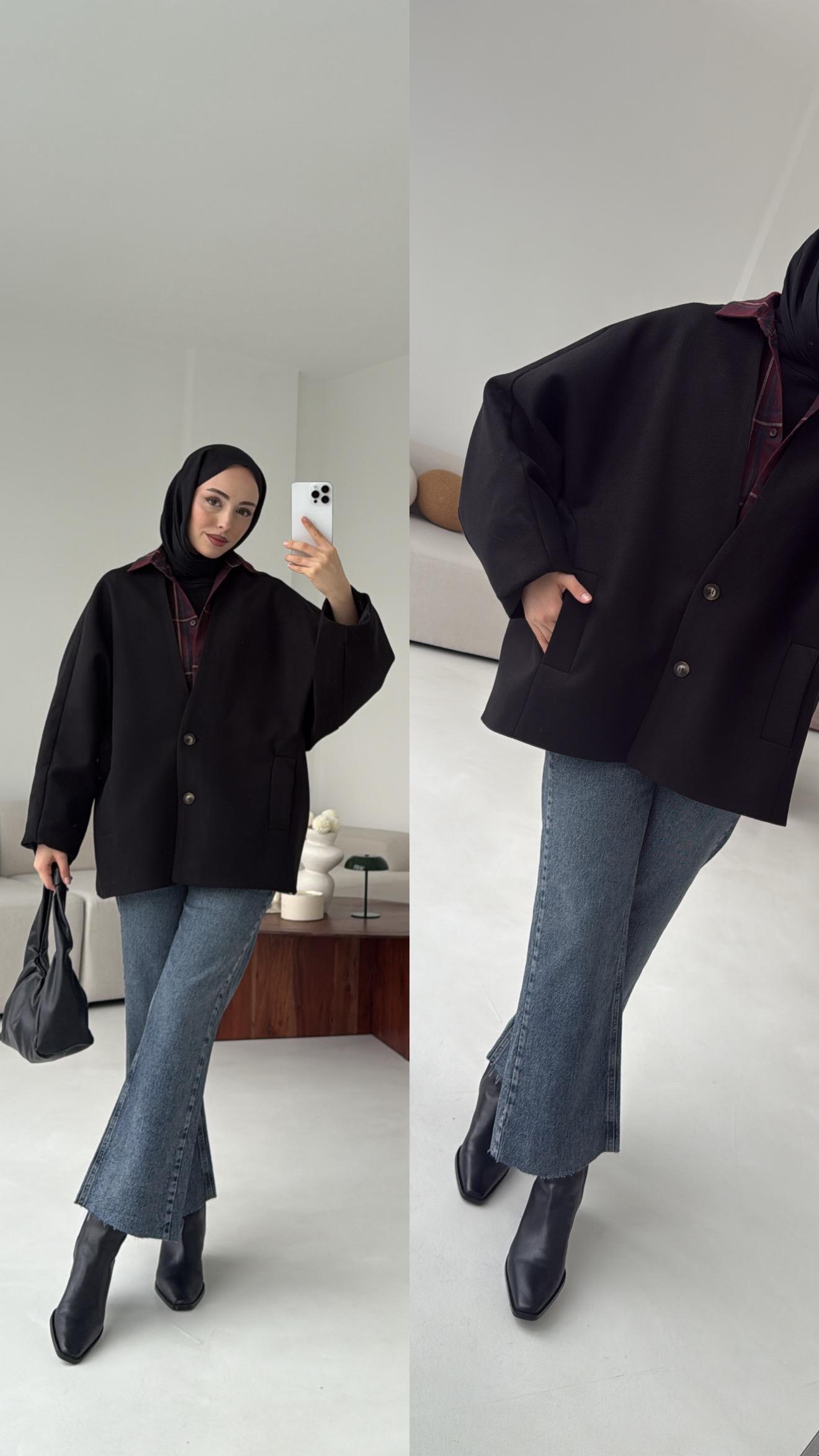 Soft Oversize Kaşe Kaban Siyah