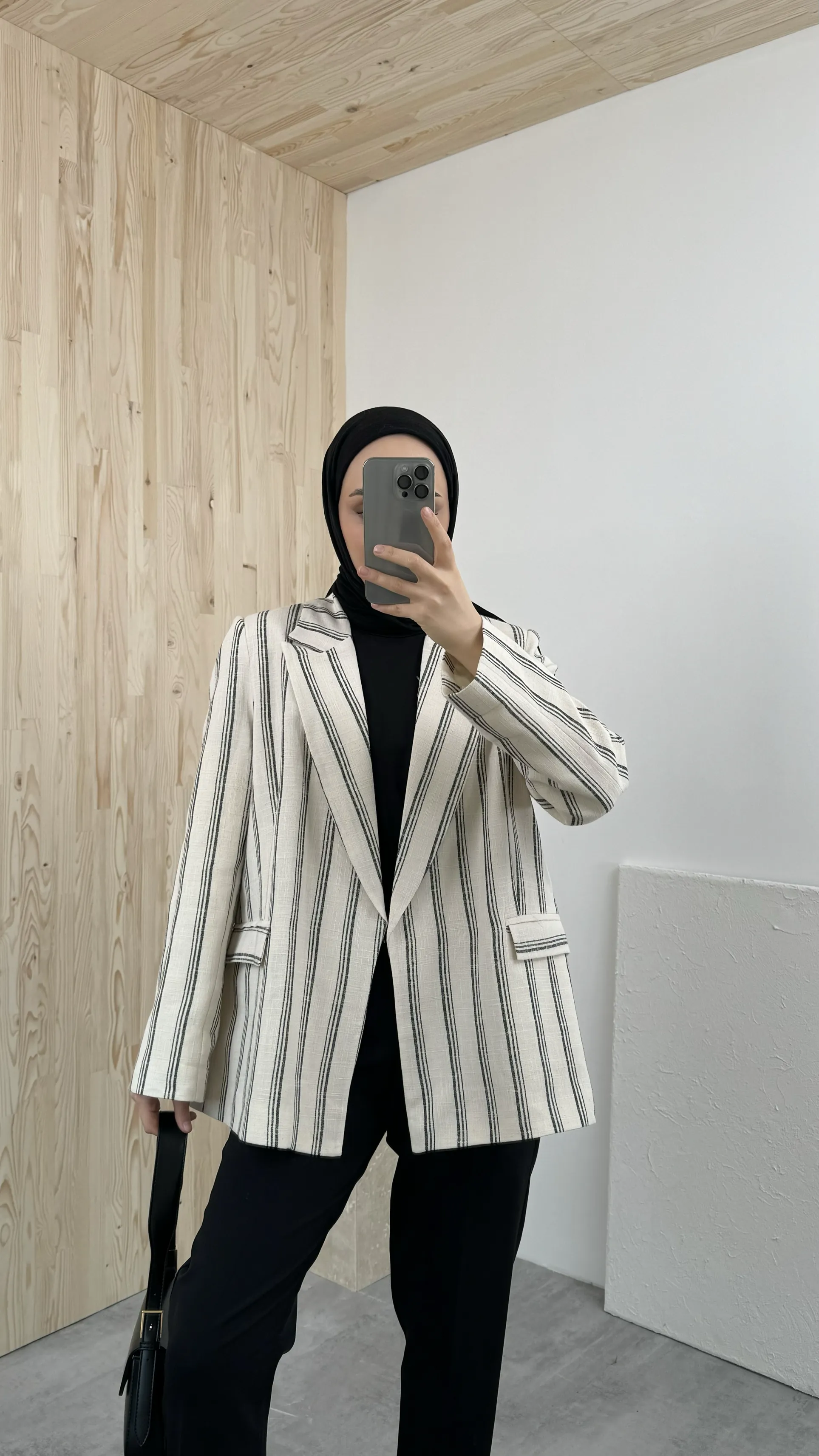 Çizgili Keten Blazer Ceket Siyah