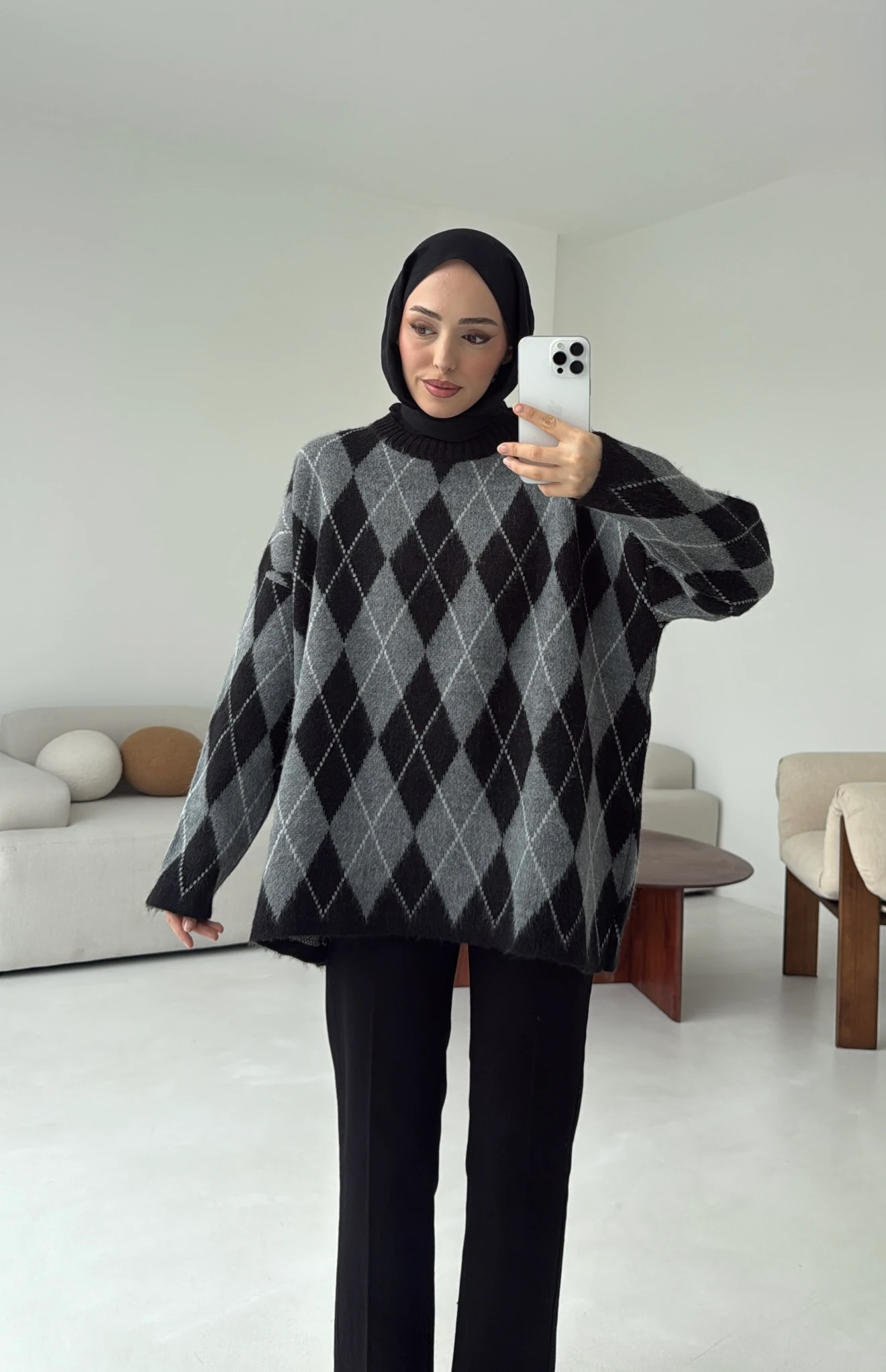 Premium Desenli Kalın Kazak Gri/Siyah