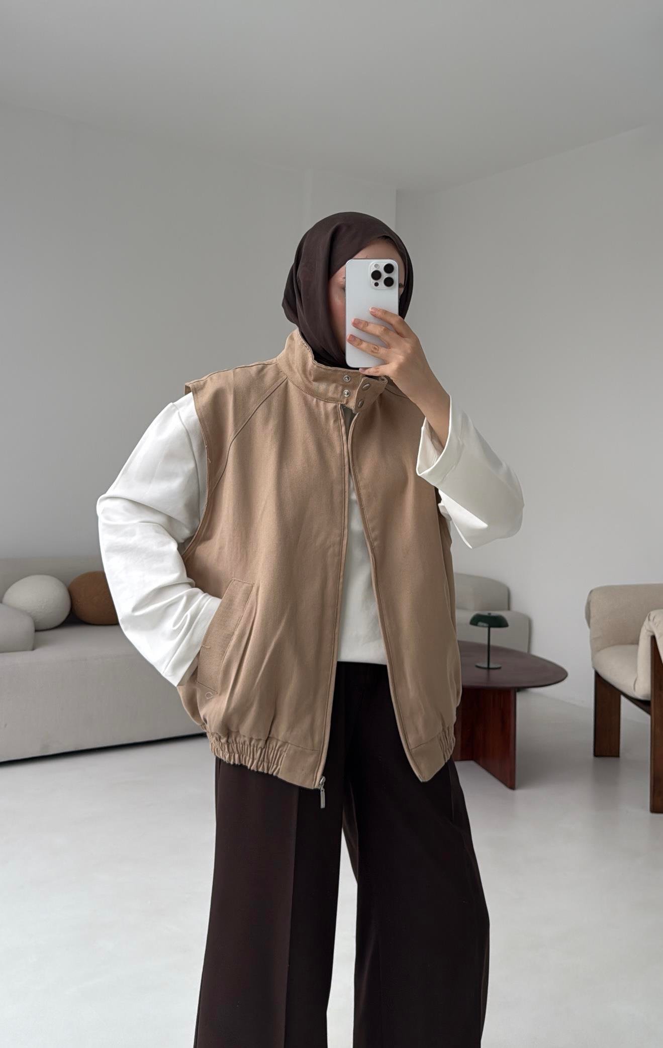 Dik Yaka Bej Gabardin Yelek