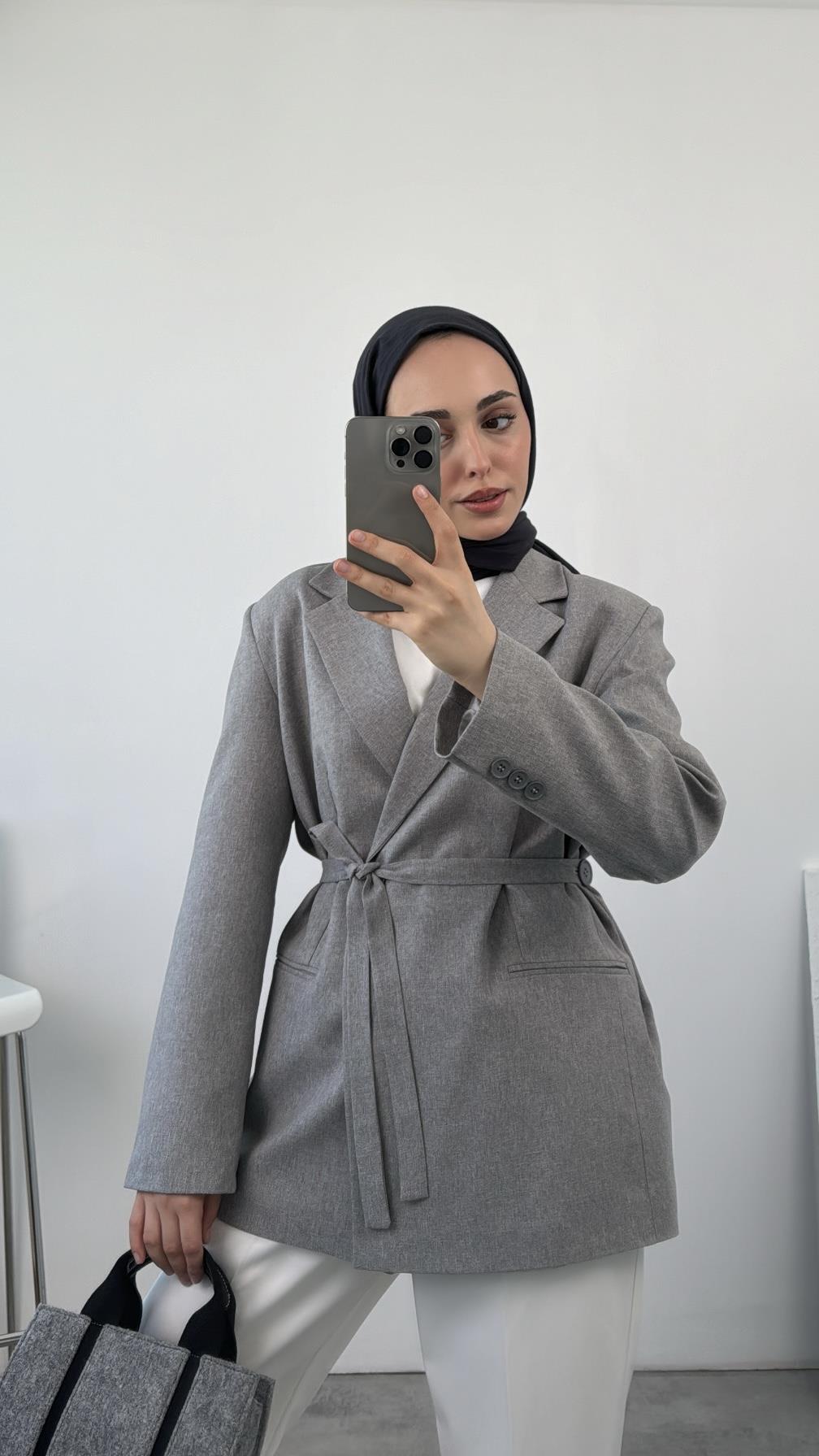 Bağlamalı Blazer Ceket Gri