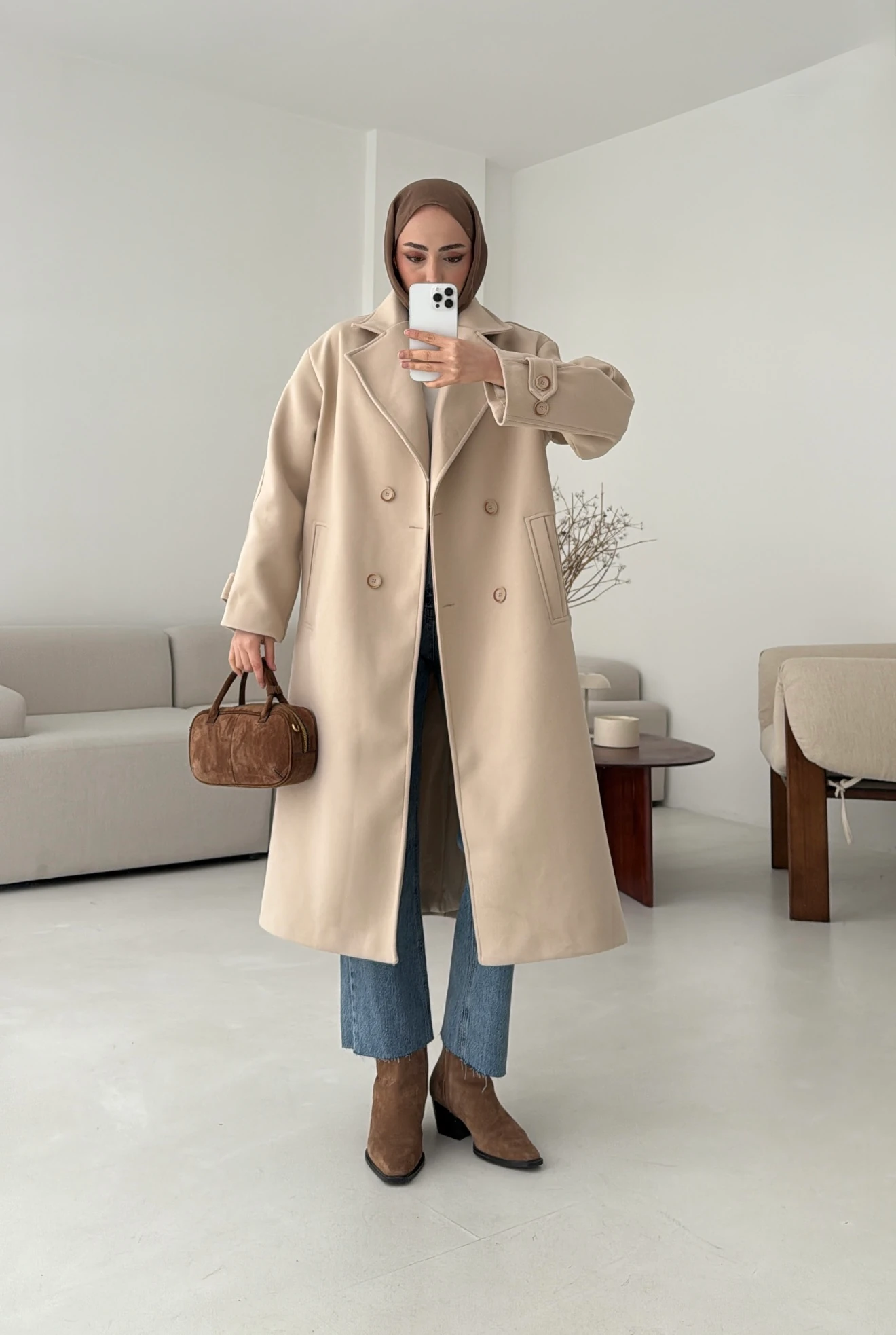  Çift Düğmeli Uzun Kaban Bej