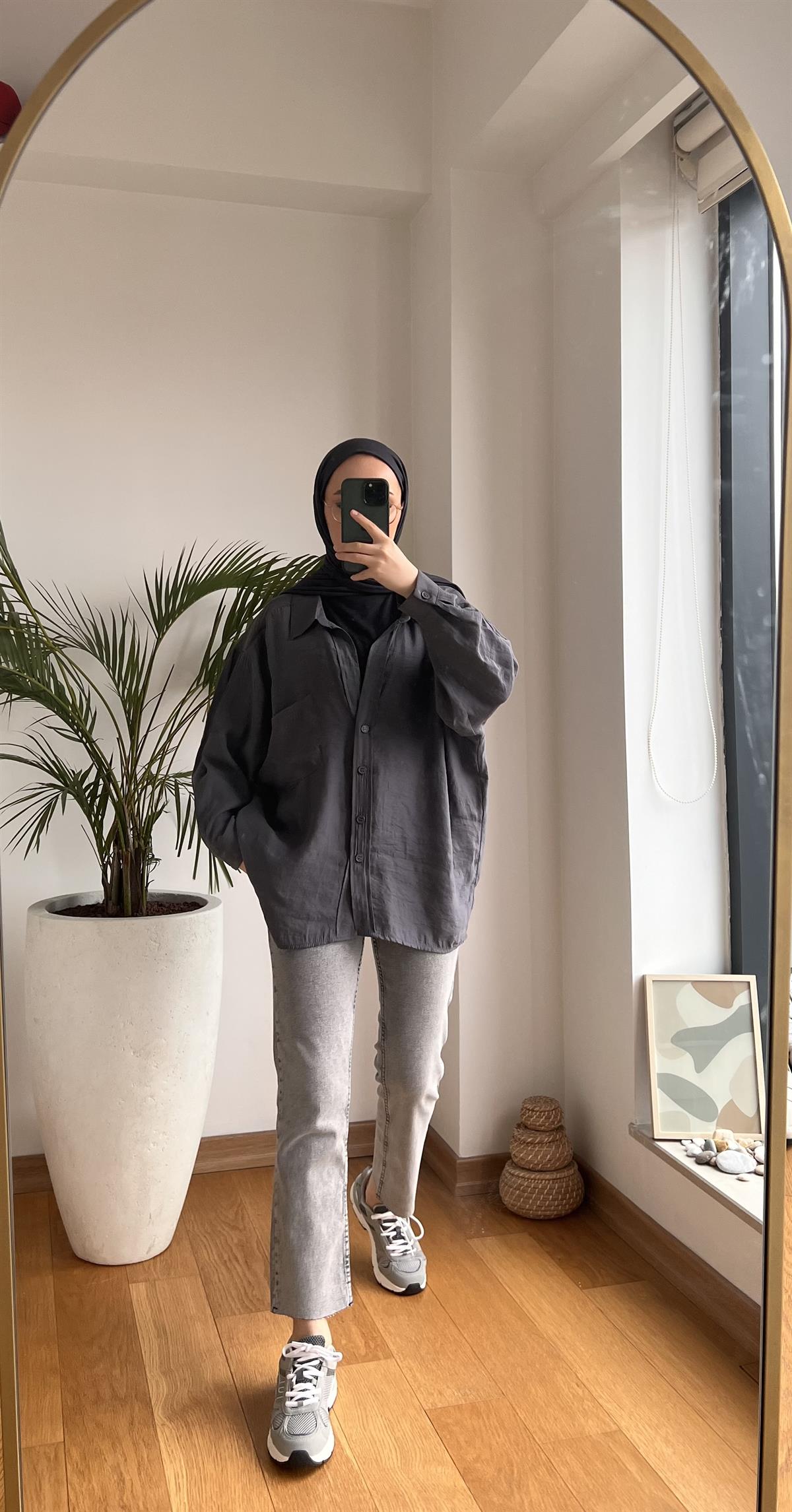 Oversize Pamuk Saten Gömlek Antrasit