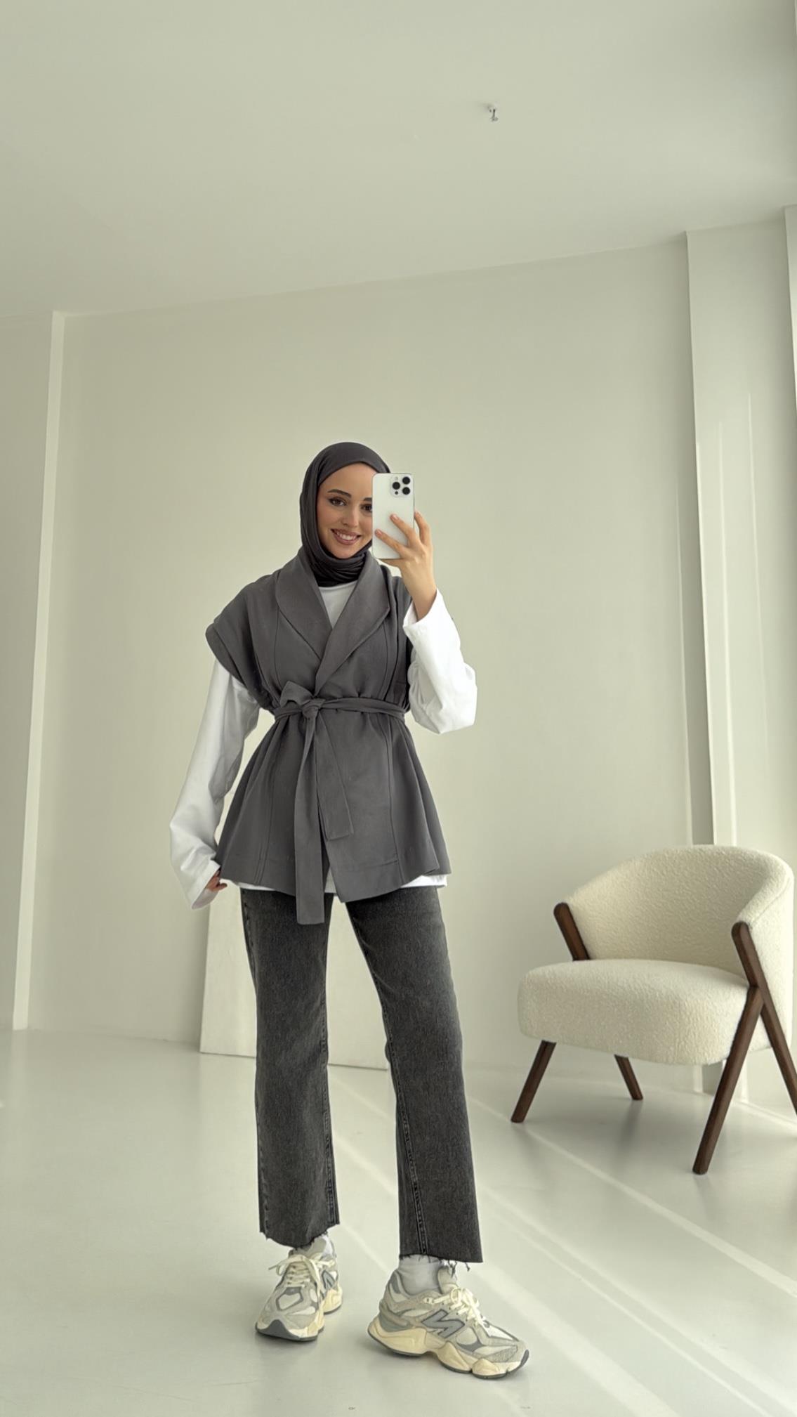Gabardin Bağlamalı Yelek Gri