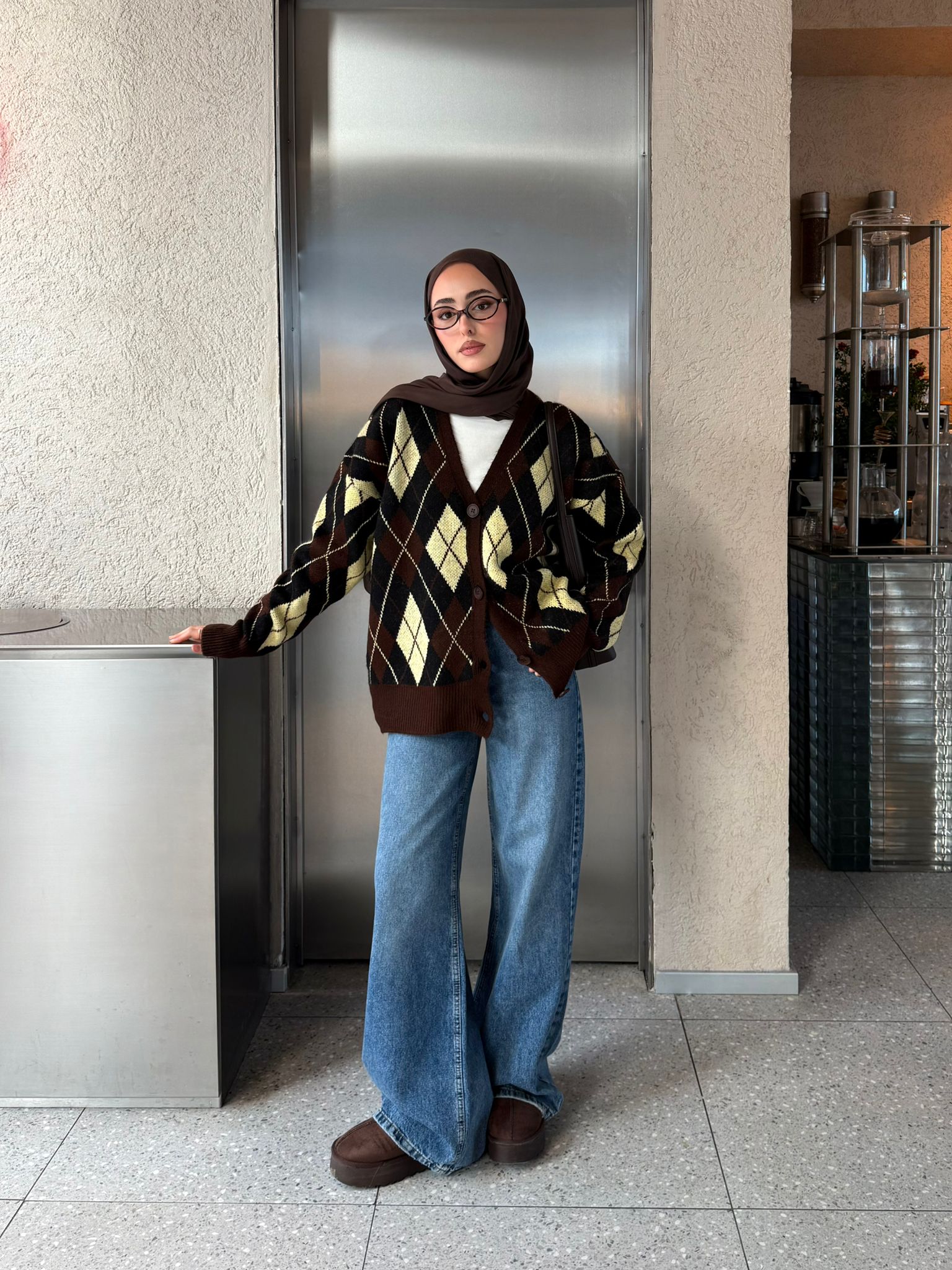 Baklava Jakarlı Hırka Kahve/Sarı