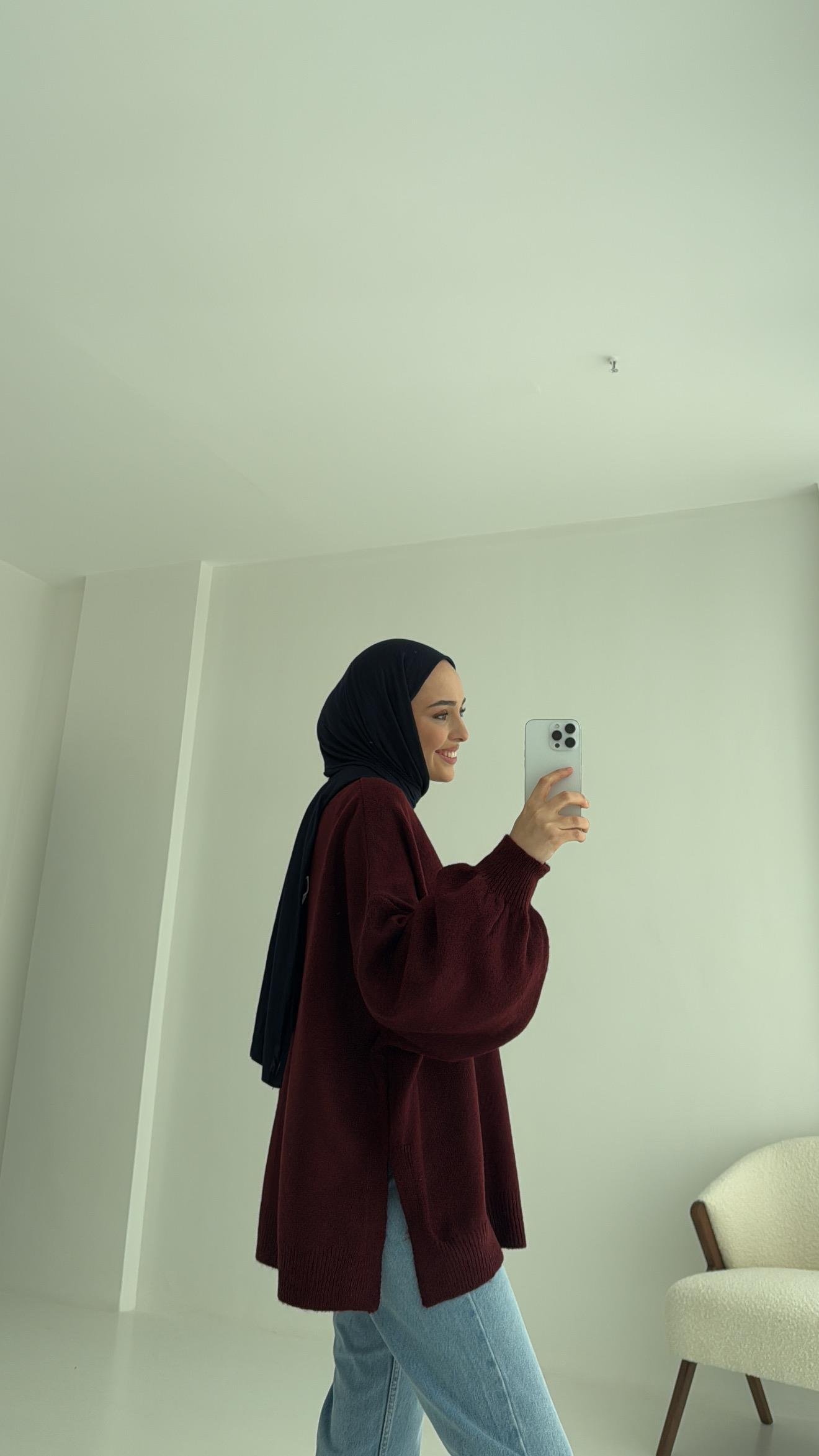 Yırtmaç Detay Balon Kol Triko Bordo