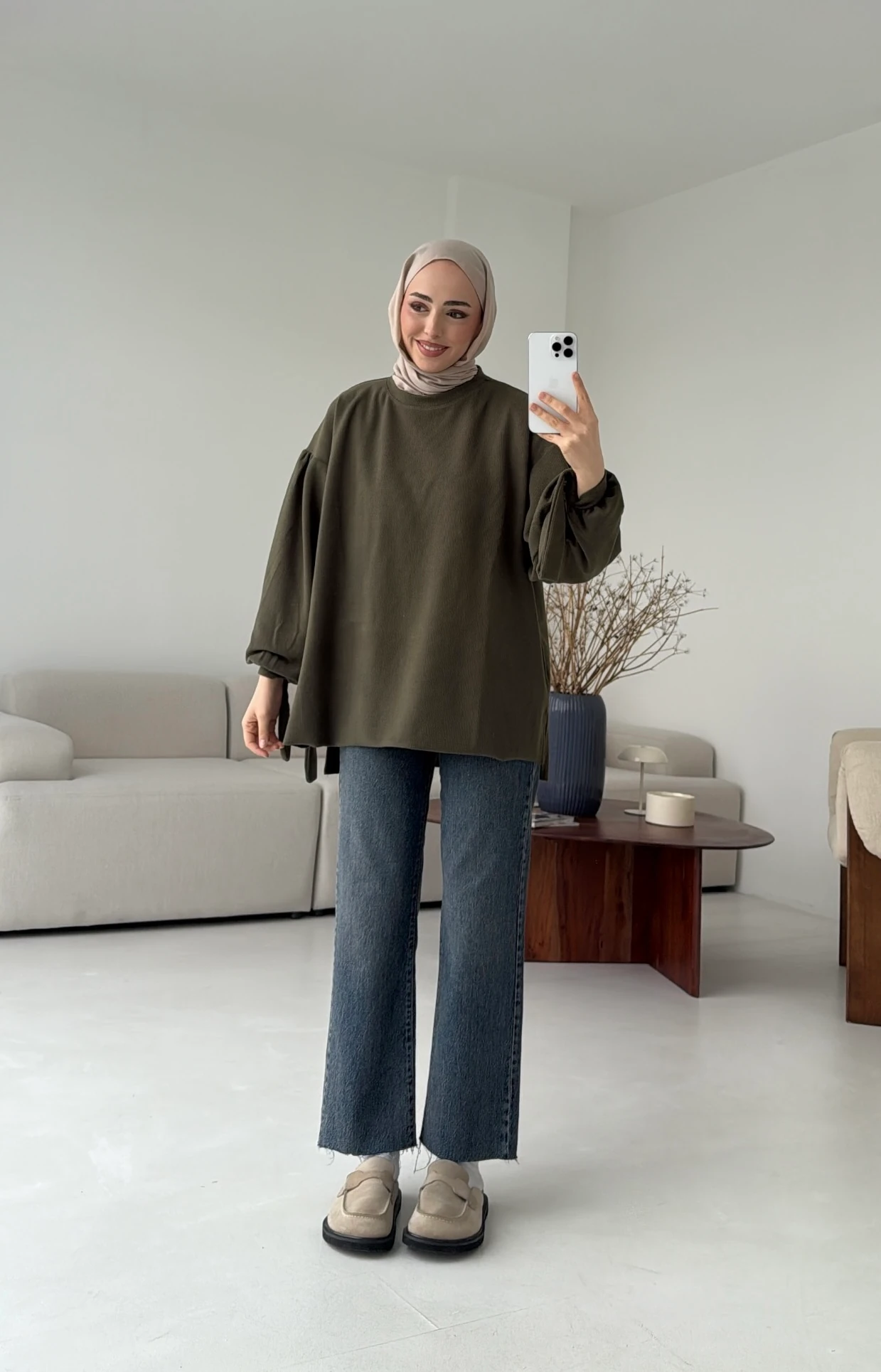 Selanik Balon Kol Bagcıklı Sweat Haki