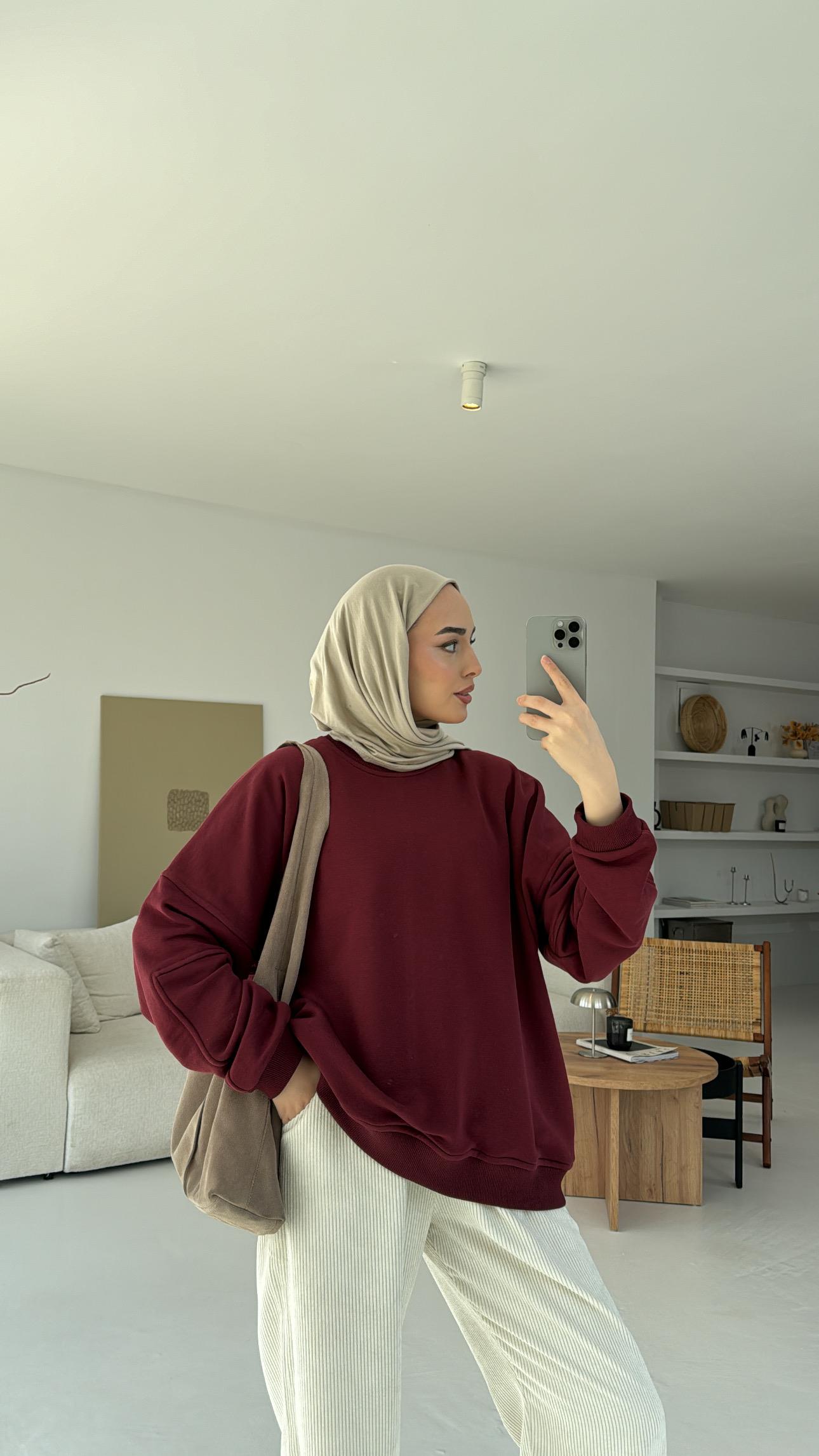 Kolları Dikiş Detaylı Oversize Sweatshirt Bordo