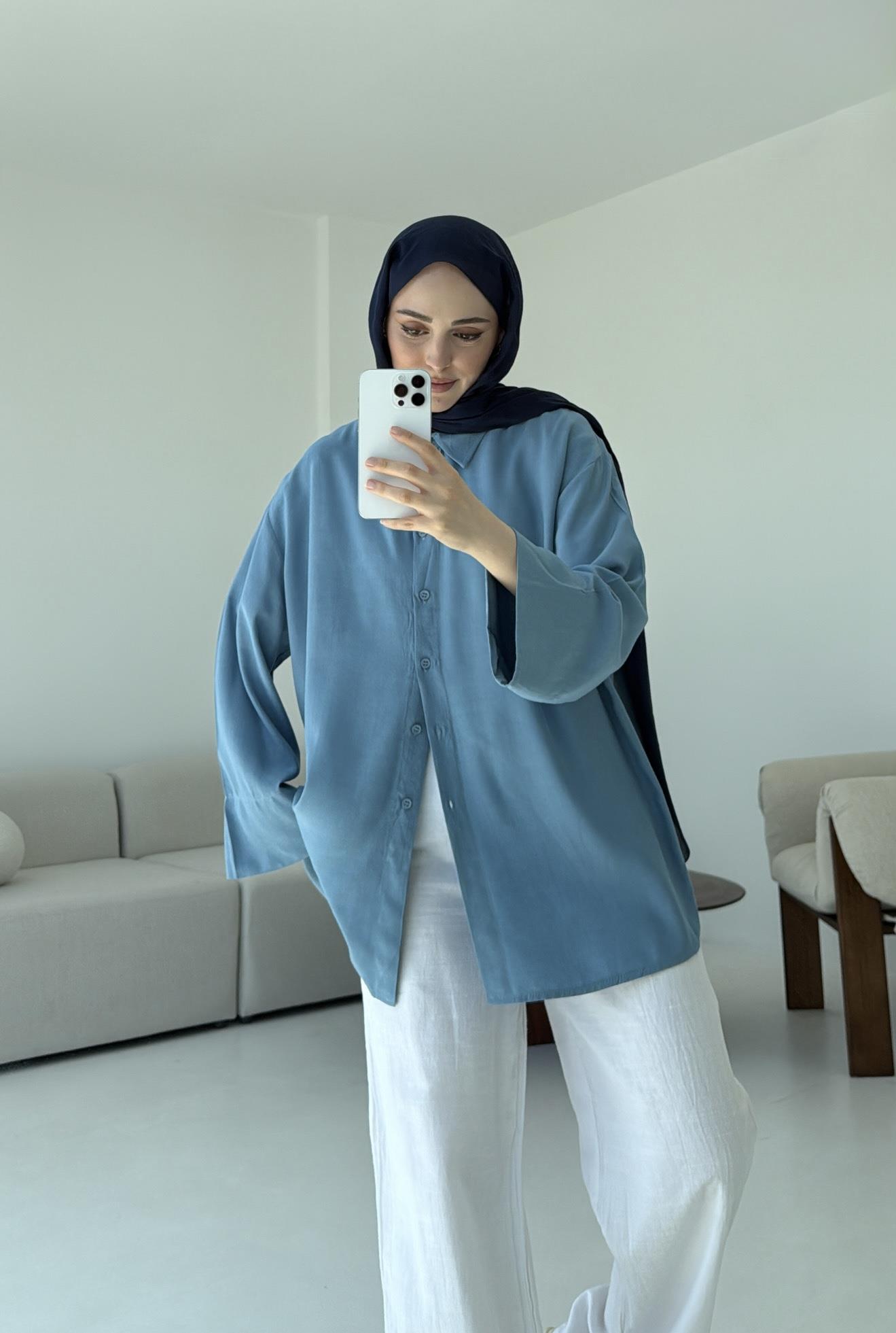 Tencel Yıkamalı Gömlek Mavi