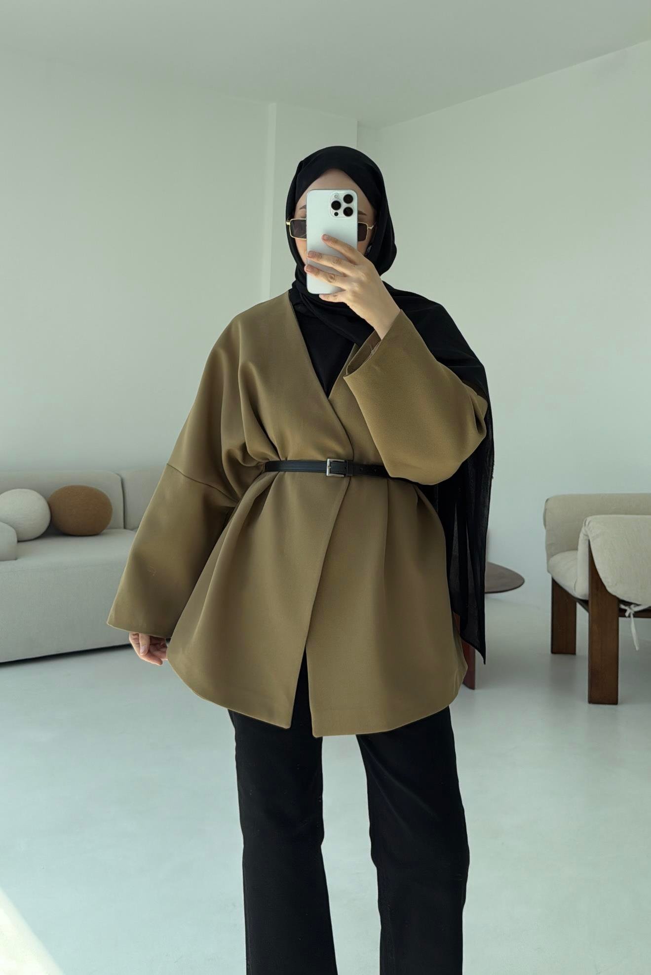 Deri Kemer Detay Oversize Ceket Olive