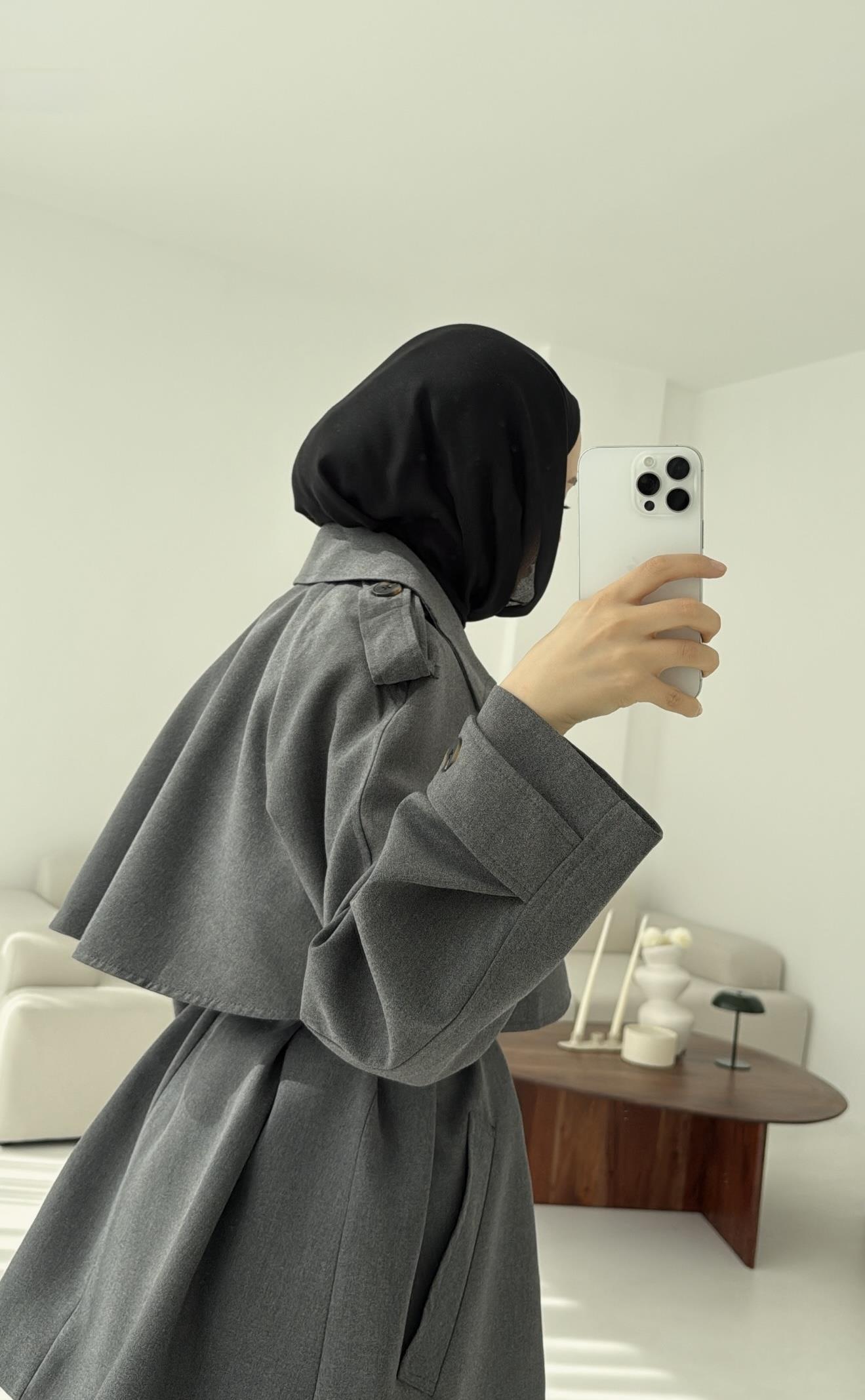 Deri Kemerli Trençkot Gri