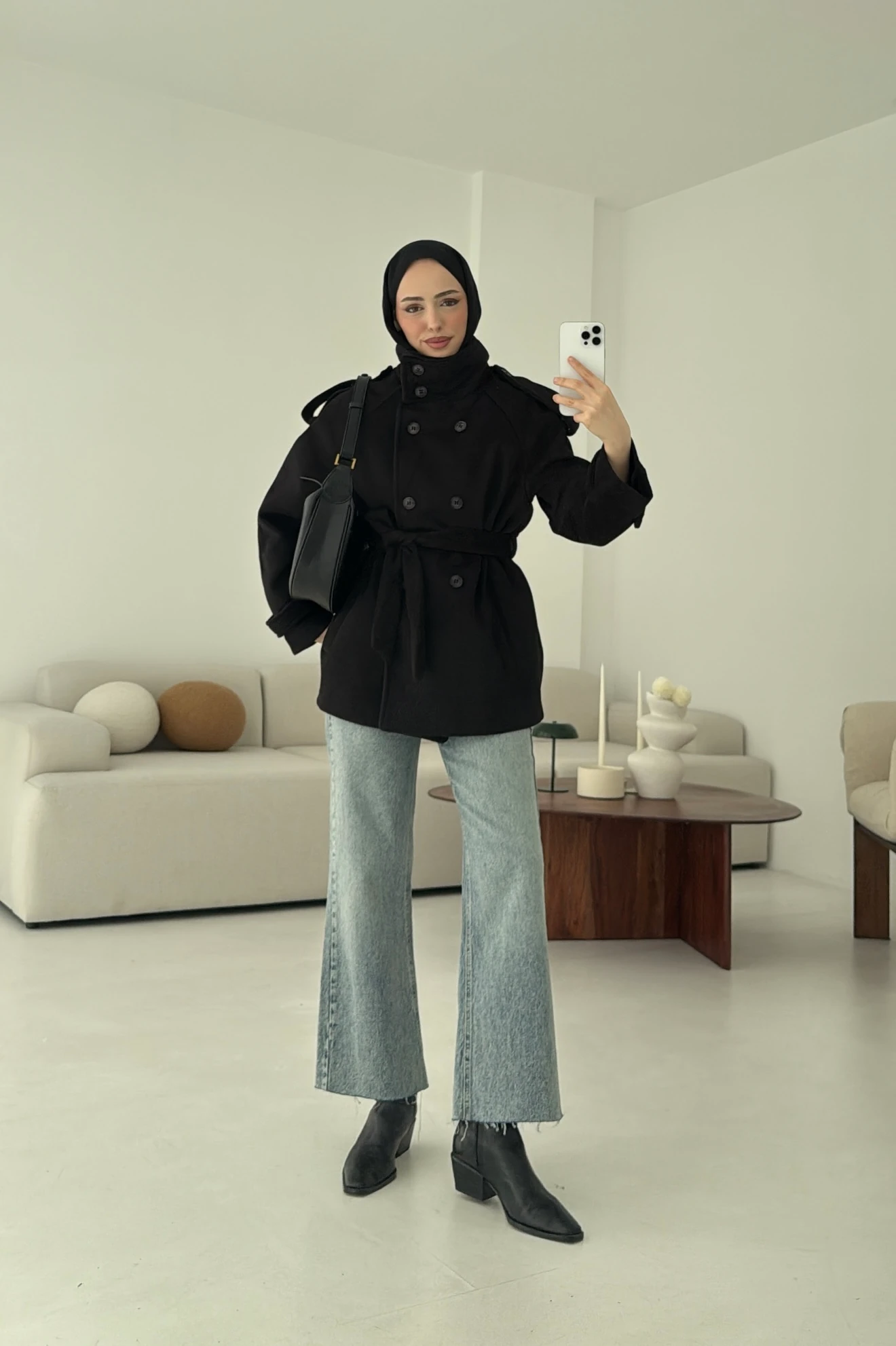 Kuşaklı Oversize Kaşe Kaban Siyah